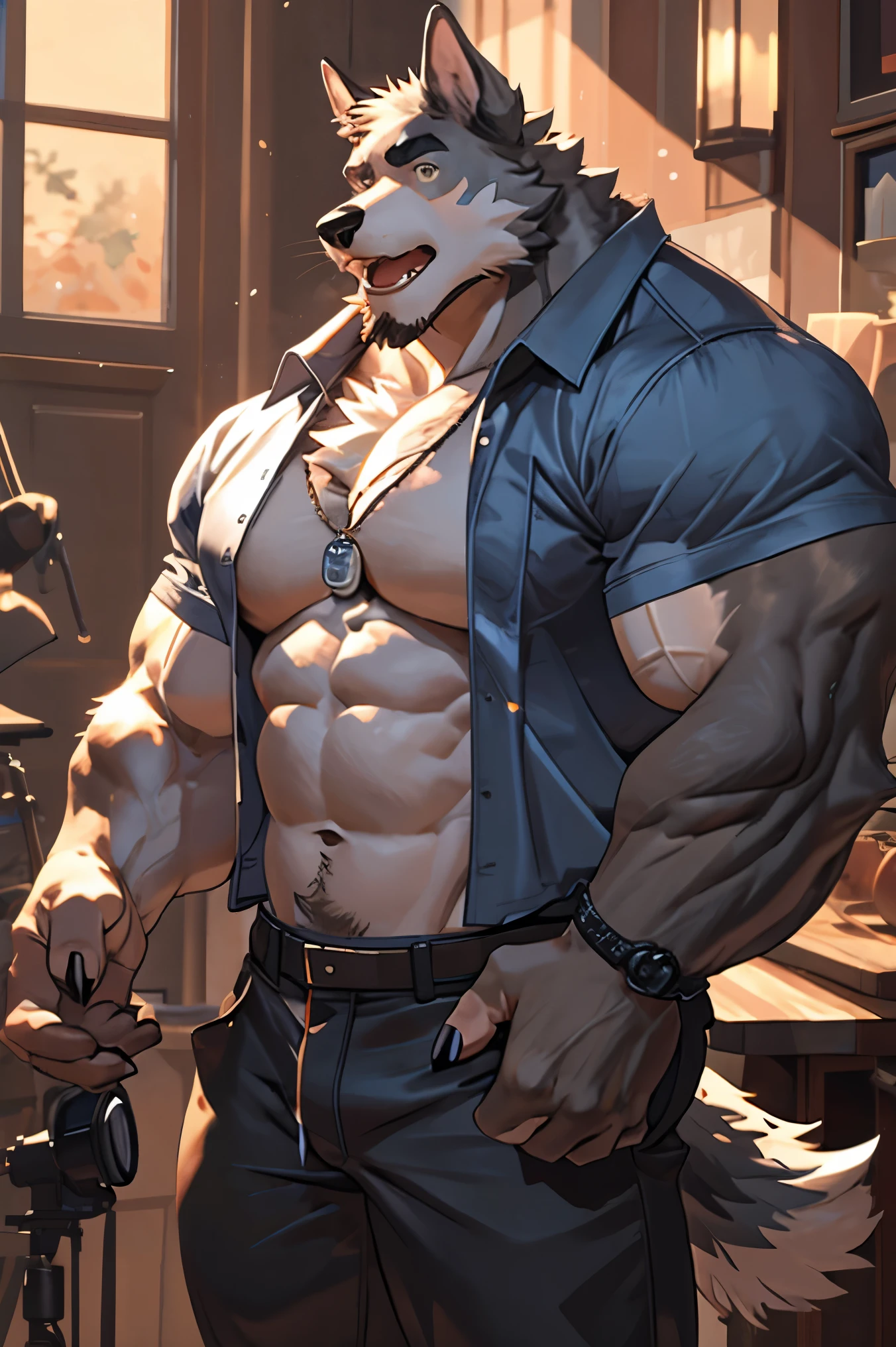 dog clan，gray fur，very robust，Wear short-sleeved singing pants，Strong chest muscles，Strong thigh muscles，Handsome，facing the camera，