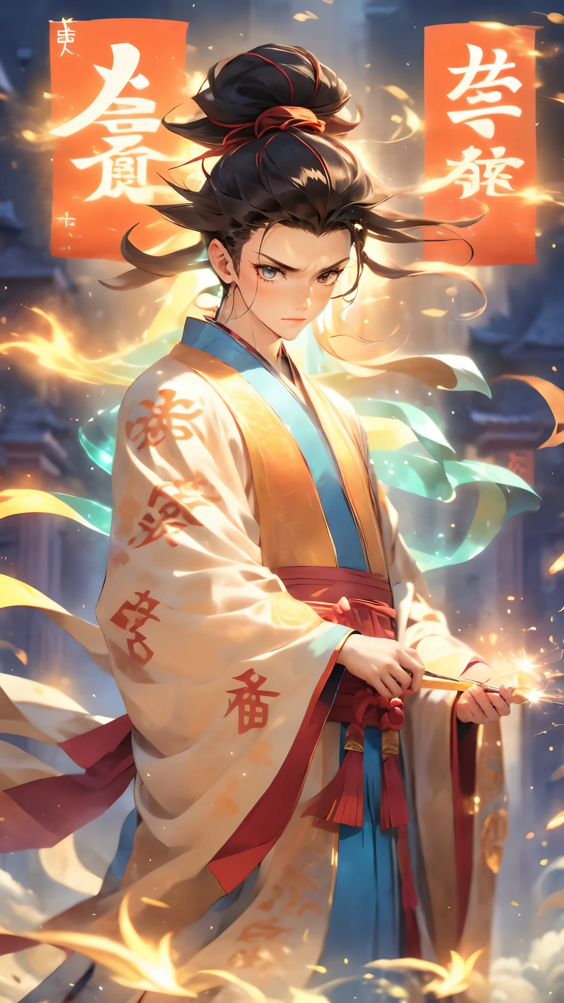 (masterpiece, best quality:1.2),Wen Dao Sheng Zun, black hair,1boy, closed mouth,Multi energy text,Glowing Text,The Energy Behind Chinese Characters, electricity,Multiple light spots,Combat posture,Upper body,dawn,Golden flame, hair ornament,White Hanfu, lightning, long sleeves, magic, male focus, pyrokinesis, ribbon, smoke, solo, sparkler, spirit, standing, wide sleeves,Bundled hair,wind