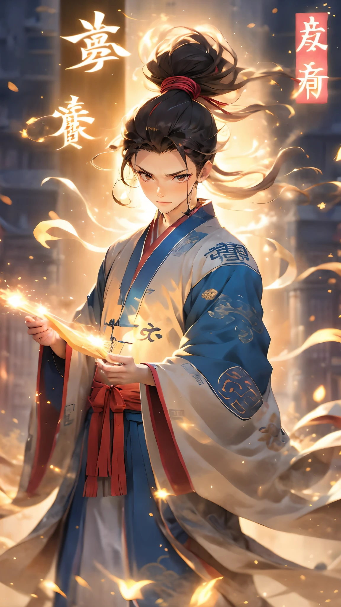 (masterpiece, best quality:1.2),Wen Dao Sheng Zun, black hair,1boy, closed mouth,Multi energy text,Glowing Text,The Energy Behind Chinese Characters, electricity,Multiple light spots,Combat posture,Upper body,dawn,Golden flame, hair ornament,White Hanfu, lightning, long sleeves, magic, male focus, pyrokinesis, ribbon, smoke, solo, sparkler, spirit, standing, wide sleeves,Bundled hair,wind