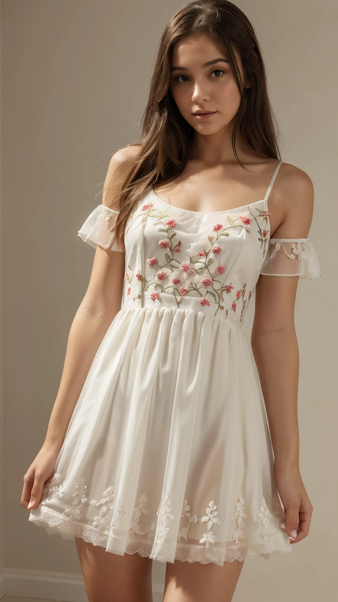 Young woman, embroidered tulle mini dress, plain background