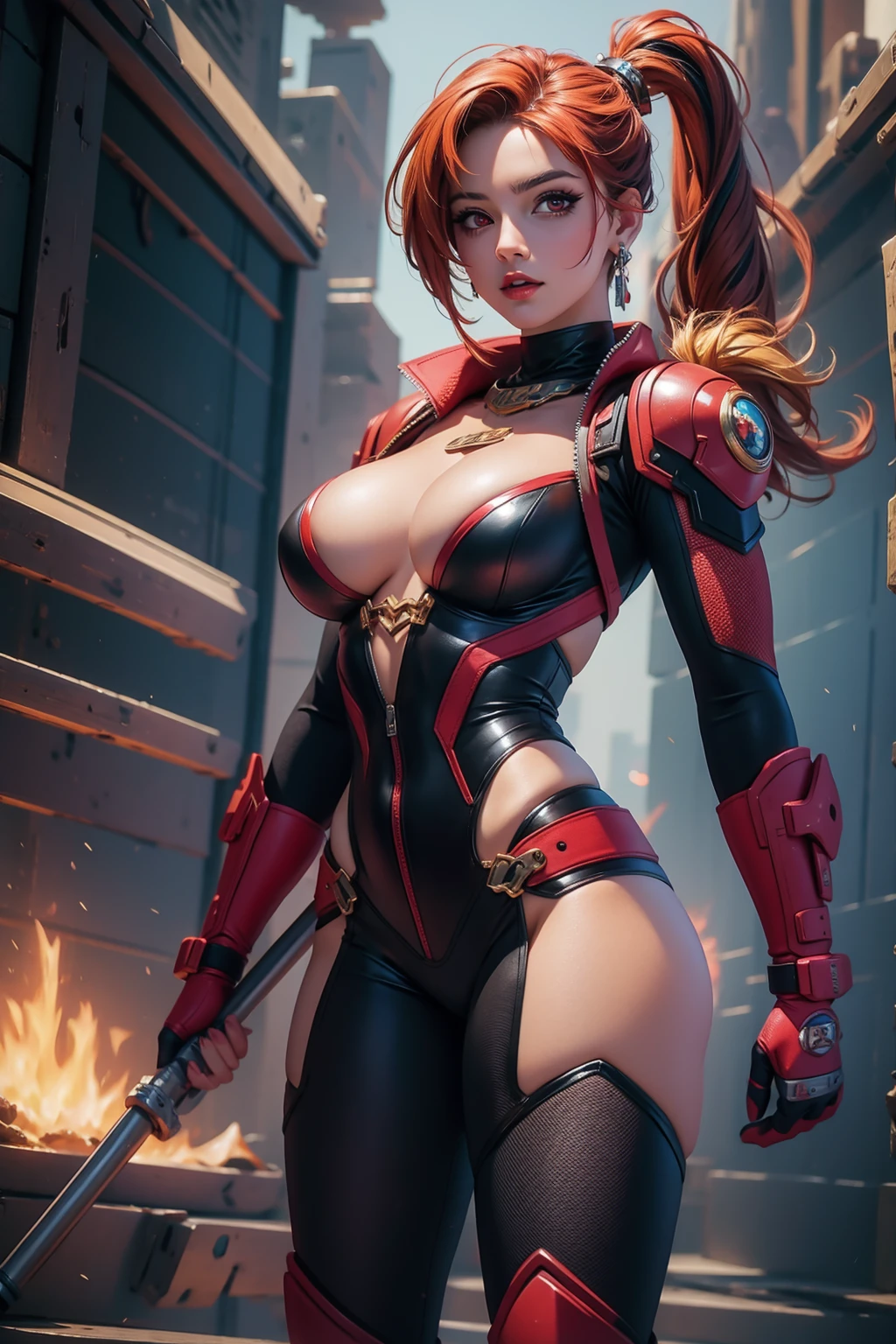 (Best Quality),(Masterpiece),(Ultra Detailed),(4k resolution),(Extremely detailed),Abstract expressionist painting "Hyperion", sexy Harley quinn, Digital Painting, character concept art portrait, Scary, large breast, very muscular, red eyes, big city, full body