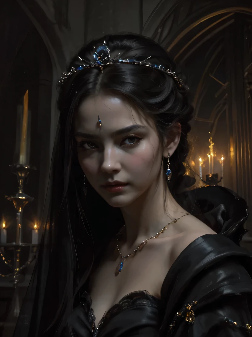 ((masterpiece、highest quality、Super detailed、High resolution、sharp focus、cinematic lighting))、(1 female、bust shot、face light))、Adult woman in her 40s、A stunning portrait of the exiled queen、persephone queen of the dead、lilith、black tone、Mysterious horror、gothic、darkness、pitch black darkness、nothingness、black ghost、immortal soul、Strict atmosphere、majestic atmosphere、There is elegance、dignity、solemnity、Bewitching、jewelry/accessories、ruthless queen of the night、Oil、((view audience))、masterpiece