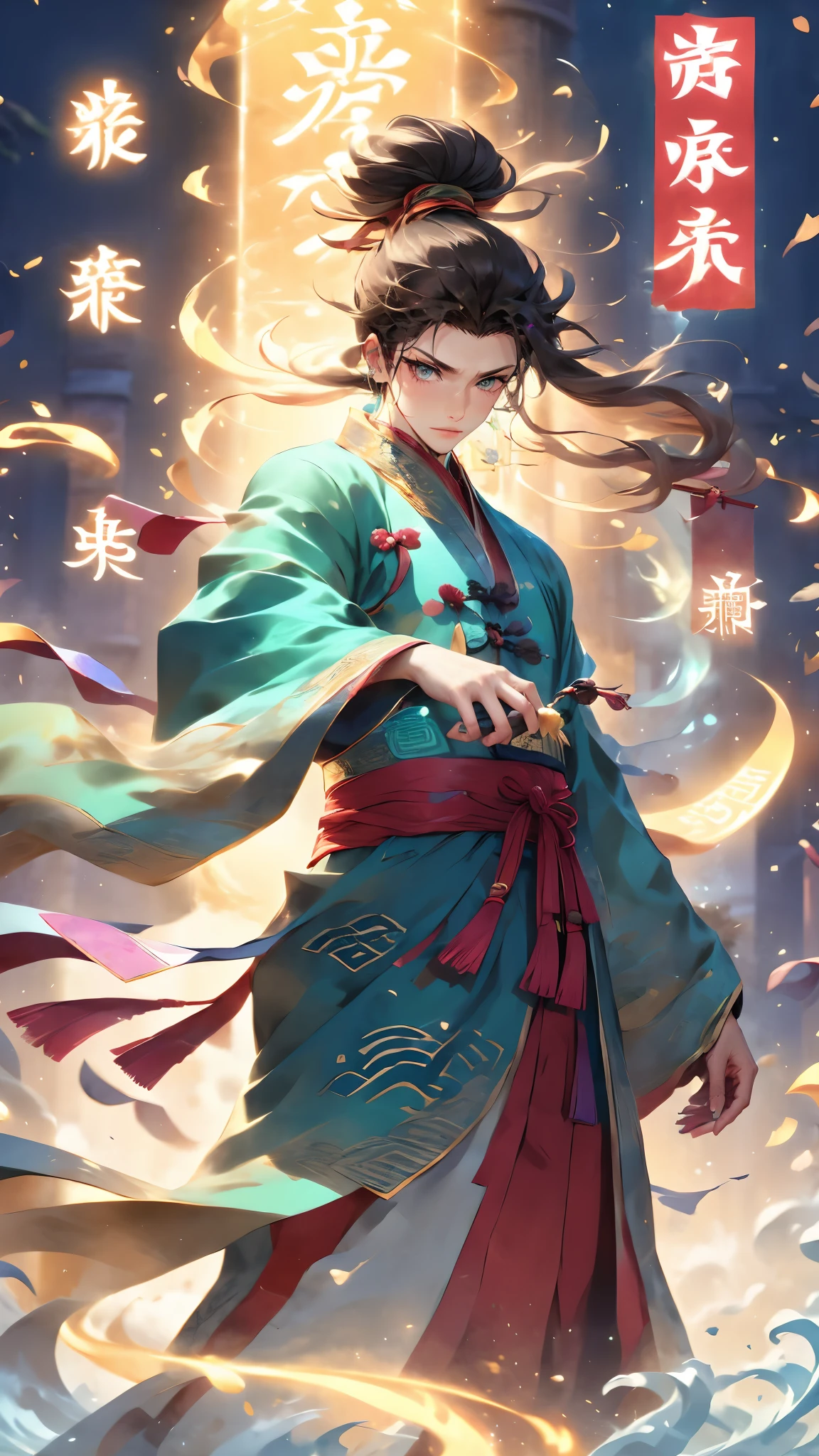 (masterpiece, best quality:1.2),Wen Dao Sheng Zun, black hair,1boy,Multi energy text,Energy pairing,Glowing Text,Transparent text,The Energy Behind Chinese Characters,A golden energy text circle surrounding the hands, blue eyes, chinese clothes,smoke, dated,Multiple light spots,Blue Hanfu,Upper body,Golden flame,Red belt,Combat posture,dawn, long hair, long sleeves, looking at viewer, magic, male focus,High ponytail, pyrokinesis, solo, standing, wide sleeves,Bundled hair,wind
