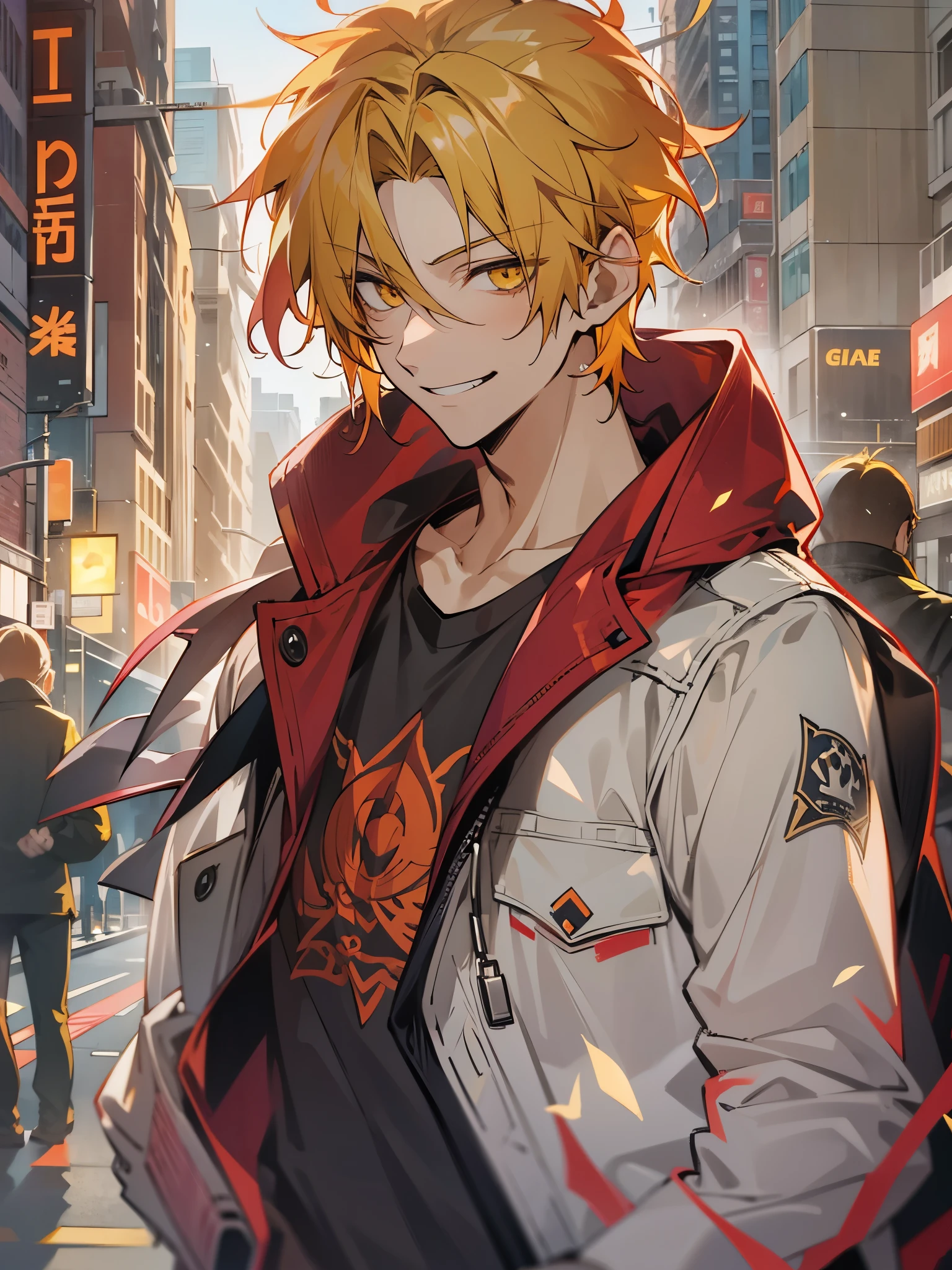 1male, Young Adult, Light Yellow Hair, Crimson Red Hair, Two Toned Hair, Short Hair, Yellow eyes, Disheveled Hair, Radiant, T-Shirt, Jeans, Smirk, Masculine, Beautiful Lighting, City, Jacket