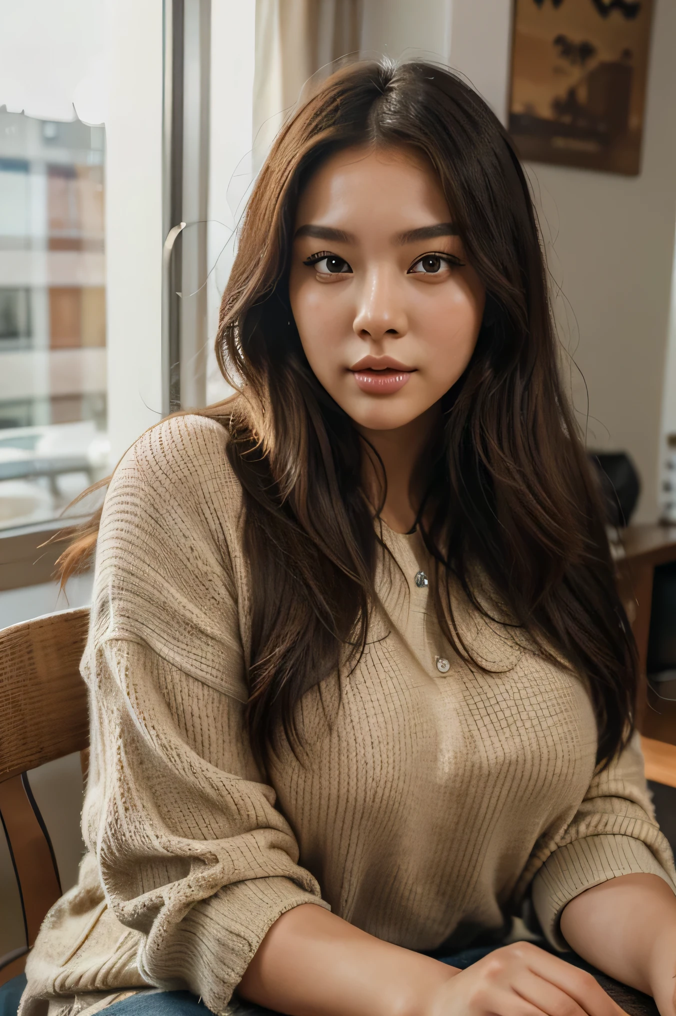 (melhor qualidade:1.2, high resolution), mulher coreana plus size, cabelo solto, lindos olhos detalhados, beautiful detailed lips, cores vibrantes, atmosfera acolhedora, design de interiores moderno, natural lighting, roupa da moda, confident expression, sentado em uma mesa.