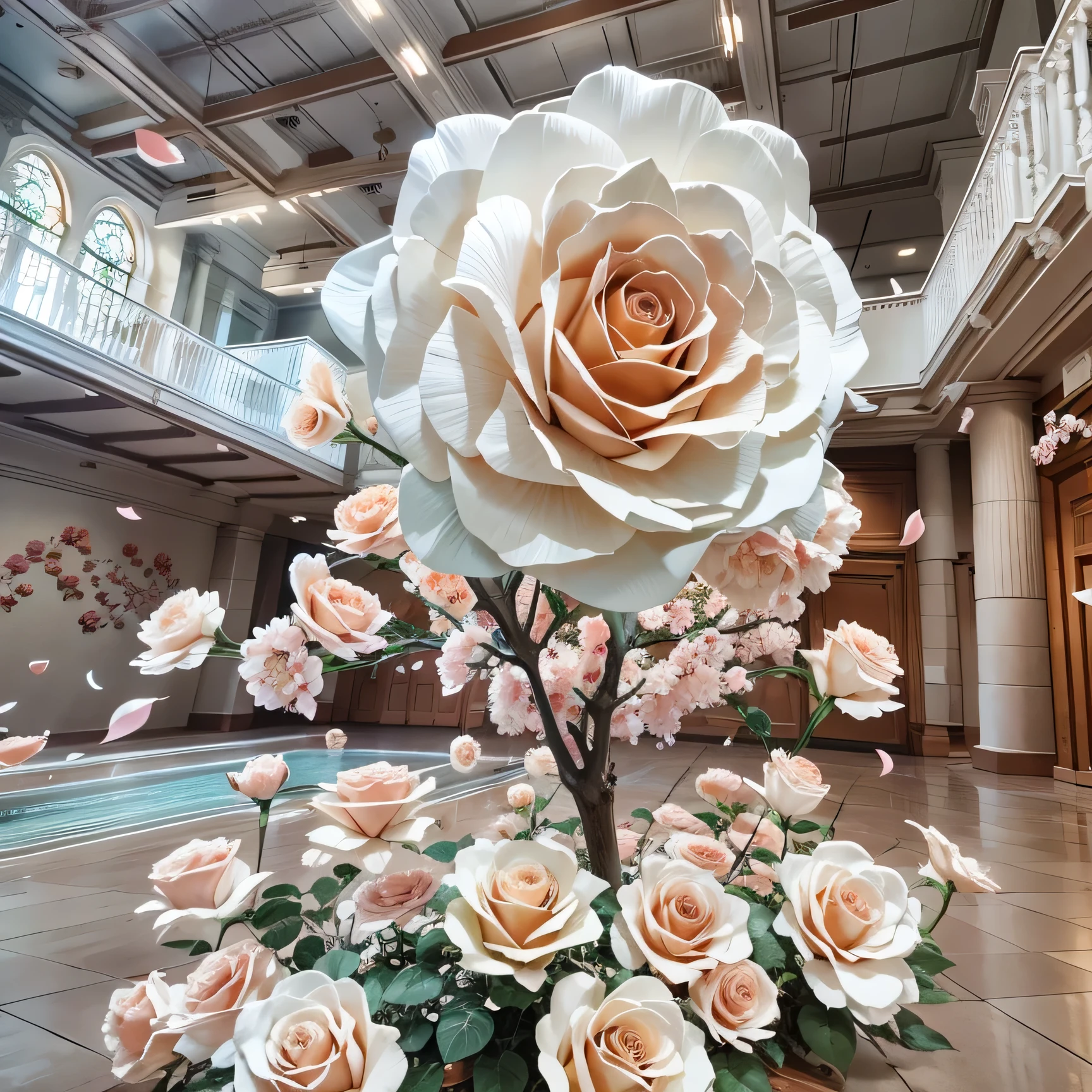 
A giant paper flower is displayed inside the building, Paper decoration, beautiful composition, paper art, giant rose head, Giant mechanical rose, Sweet art, Paper origami flowers, Product display, the art of books, artistic masterpiece, Many cherry blossom origami roses, Many origami roses, Gorgeous composition, good composition, Beautiful aesthetic design, books and flowers