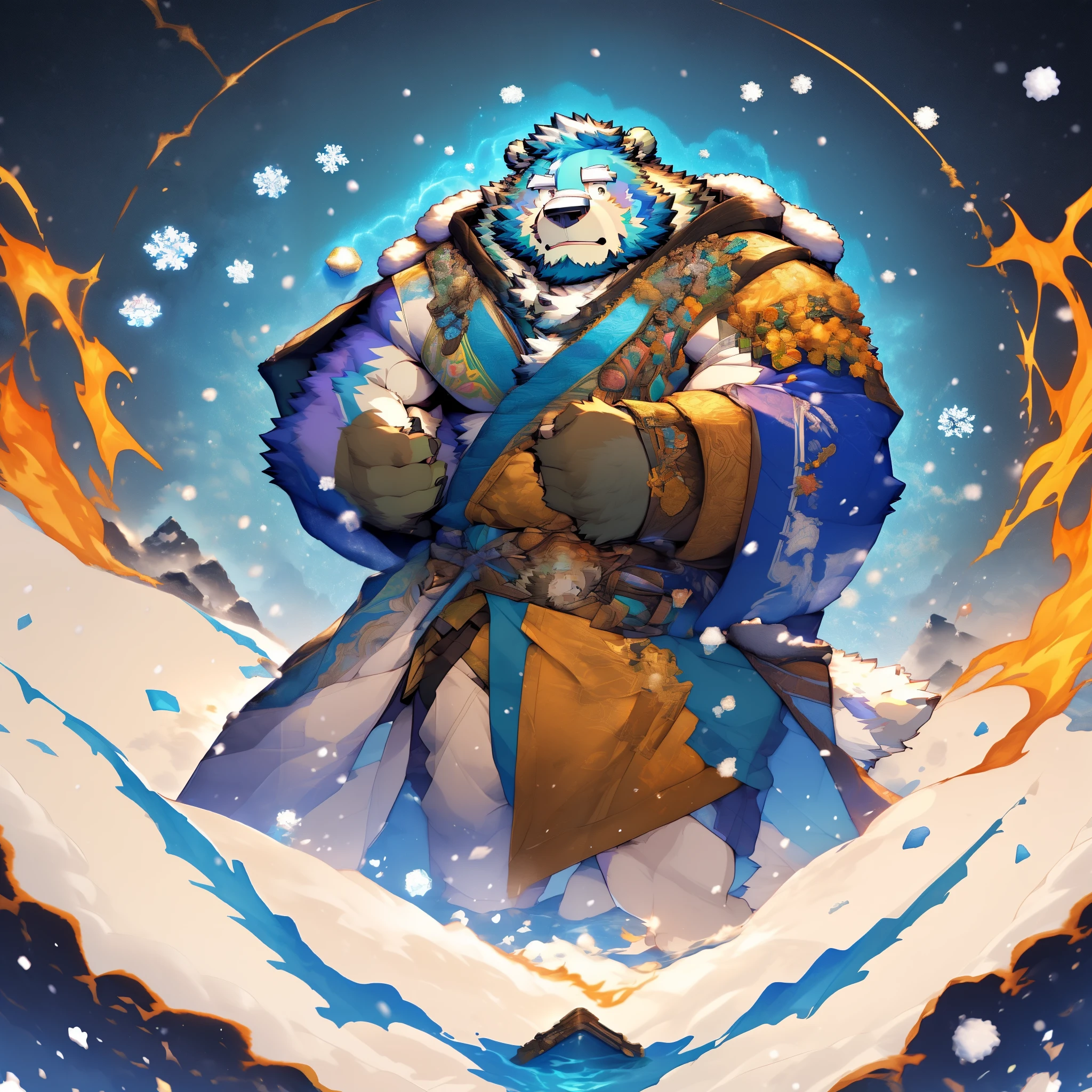 masterpiece, hairy male, Furry bear, polar bear, ((white long coat)), ((Sweatshirt)), ((Black inner protective clothing)), Gray sneakers)), dAdd toy, Mature, beard, High, gacha splash art, splash art, more_details:1.5, magic, destruction, Floating rocks and flying leaves, spell, flame, thunder, water, Add to_detail:1, rainbow color magic, Elemental Mage, fantasy , attack, (((rich background))),jinpei, splash art, whole body, Genshin Impact ,(Snow mountain background:1.5), detailed background, use a magic staff made from metal