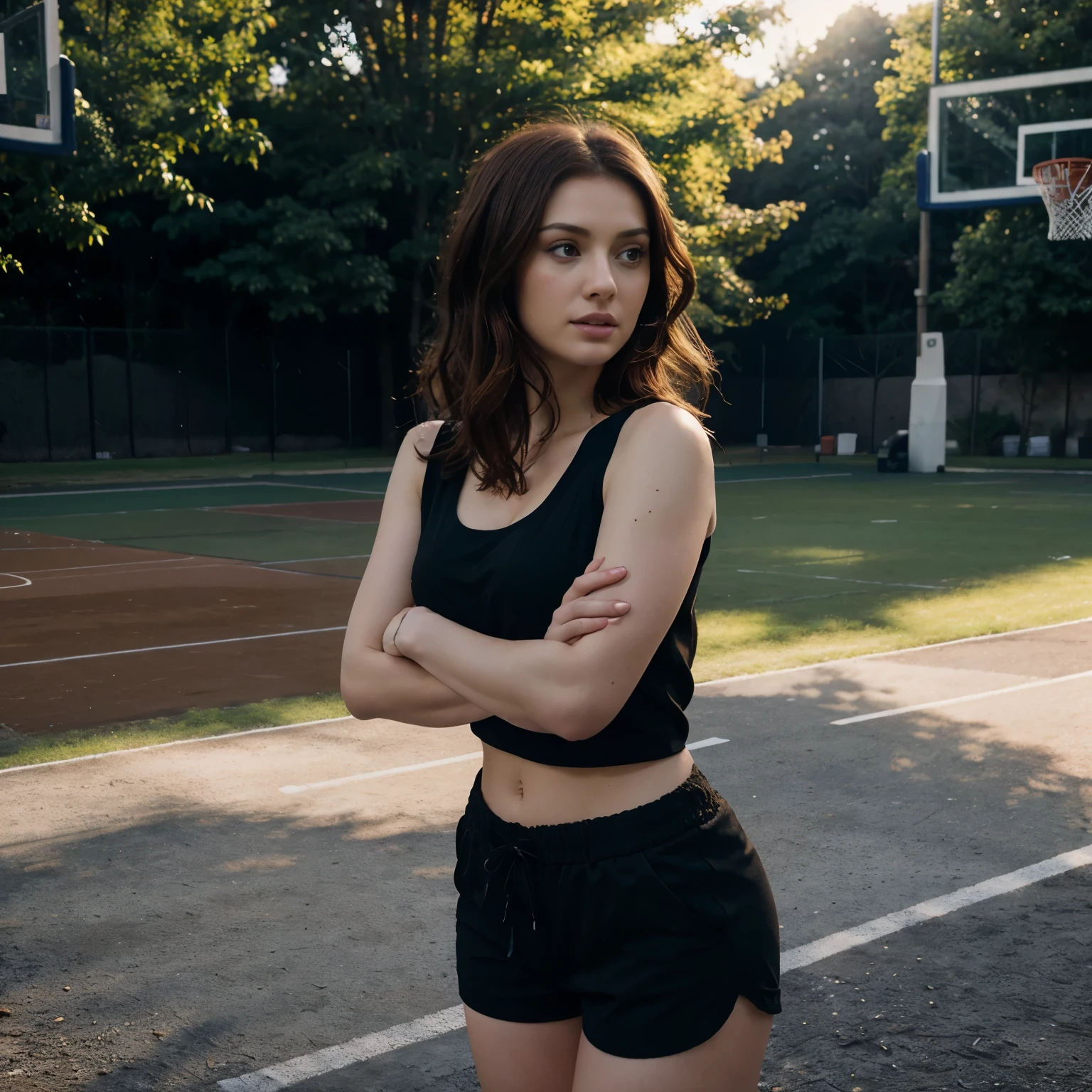 Masterpiece, (Morena Baccarin:Christina Hendricks:0.5), wearing black top and orange shorts, day time, in basketball court background, calm and frosty, detailed body, detailed face, brown hair, gorgeous, ultra realistic, charming, cute, medium hair, ambient lighting, bright sunny day, detailed background, volumetric lighting, shadow, 8k, playing basketball