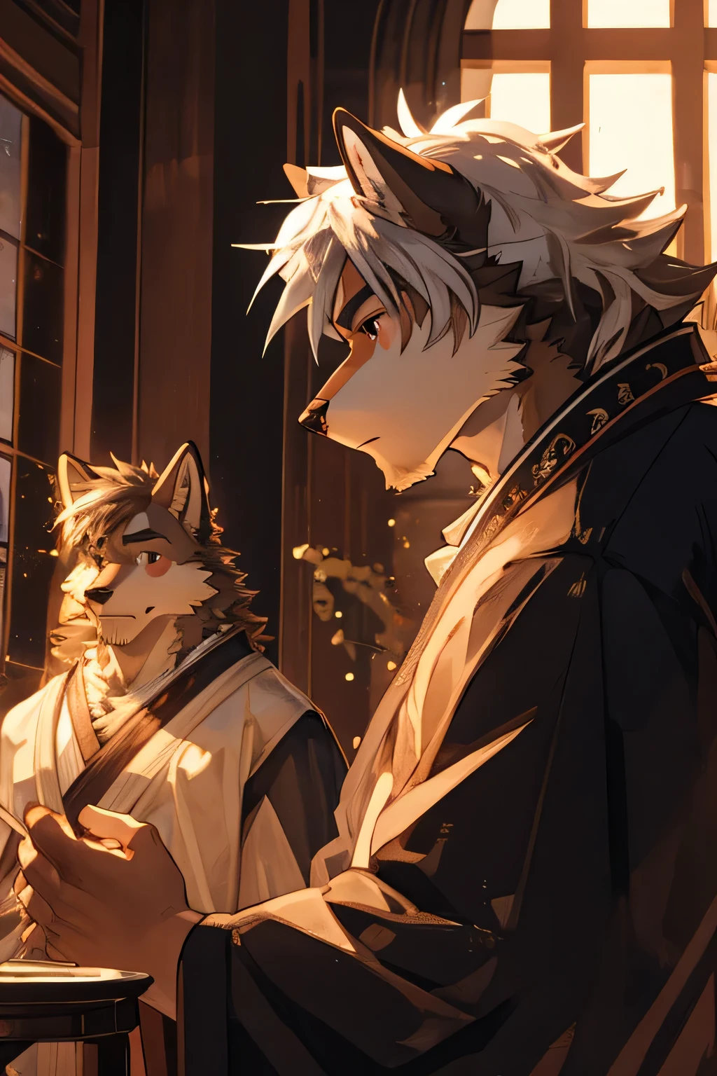 watercolor,Ukiyo-e art,etching,golden hour lights,natural lighting,etching,Kyoto Manga,male,hairy,gray wolf,white hair,black eyes,golden pupils,Strong body,face close-up,whole body,expect,octave render,High purity shades,high detail,high quality,contour,Bundle hair,knight