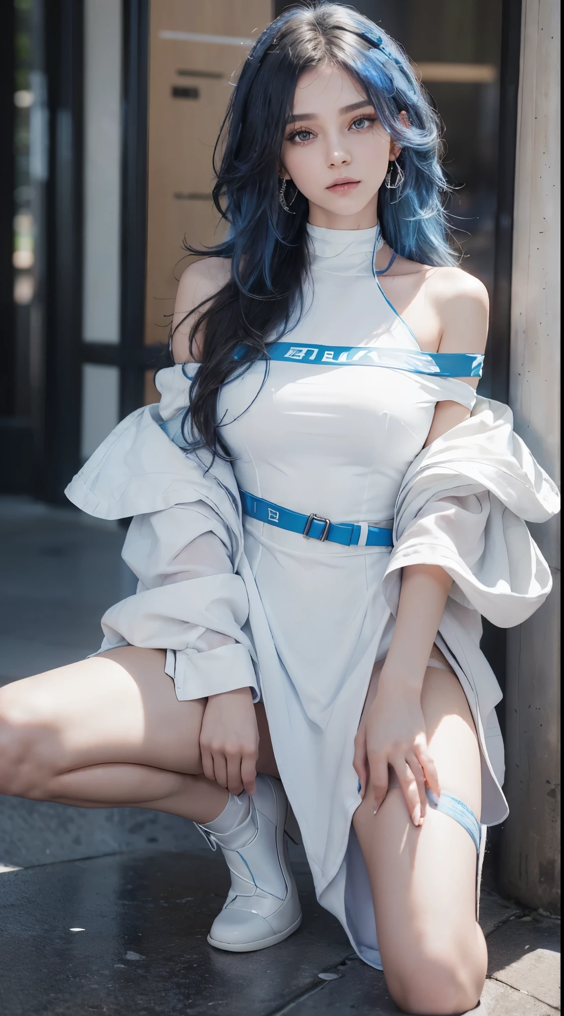 (the street:1 girl with blue hair,Get up,One word step+), tmasterpiece, Best quality, RAW photos, realistically, the face, Incredibly ridiculous Resourcetra long brown curly hair around the ears),eye shadows,techwear outfits,(White off-the-shoulder over-the-knee dress),White off-shoulder long dress,(White tight flats,depth of fields, A high resolution, ultra - detailed, filigrees, RAWE is very detailed, The details of the eyes and face are very rich, Sharp pupils, realistic student, lock focus, light,Full body lesbian,The large,The legs look very long from the front,dynamicposes,Normal posture,closeup of face