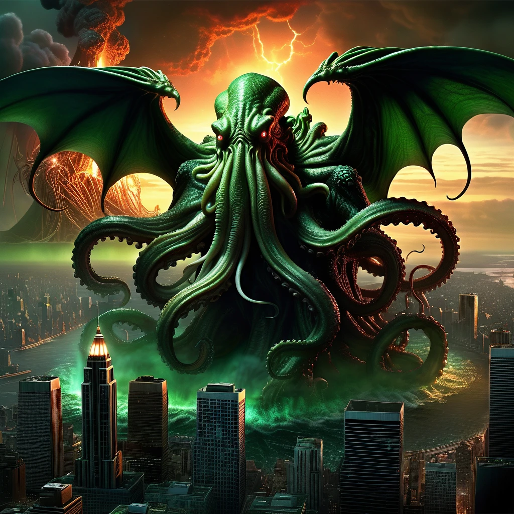 Massive Cthulhu emerges from the depths, towering over a sprawling metropolis, tsunamic fury reshaping the cityscape, chaos unfurling beneath its weight, horror and disaster entwined, in a hyperrealistic, hyperdetailed matte painting reminiscent of a Steven Spielberg epic, sharp focus capturing the chaos of colliding worlds, illuminated by the eerie glow of emitting diodes, smoke veiling. High Resolution, High Quality, Masterpiece. best quality, masterpiece, super detail