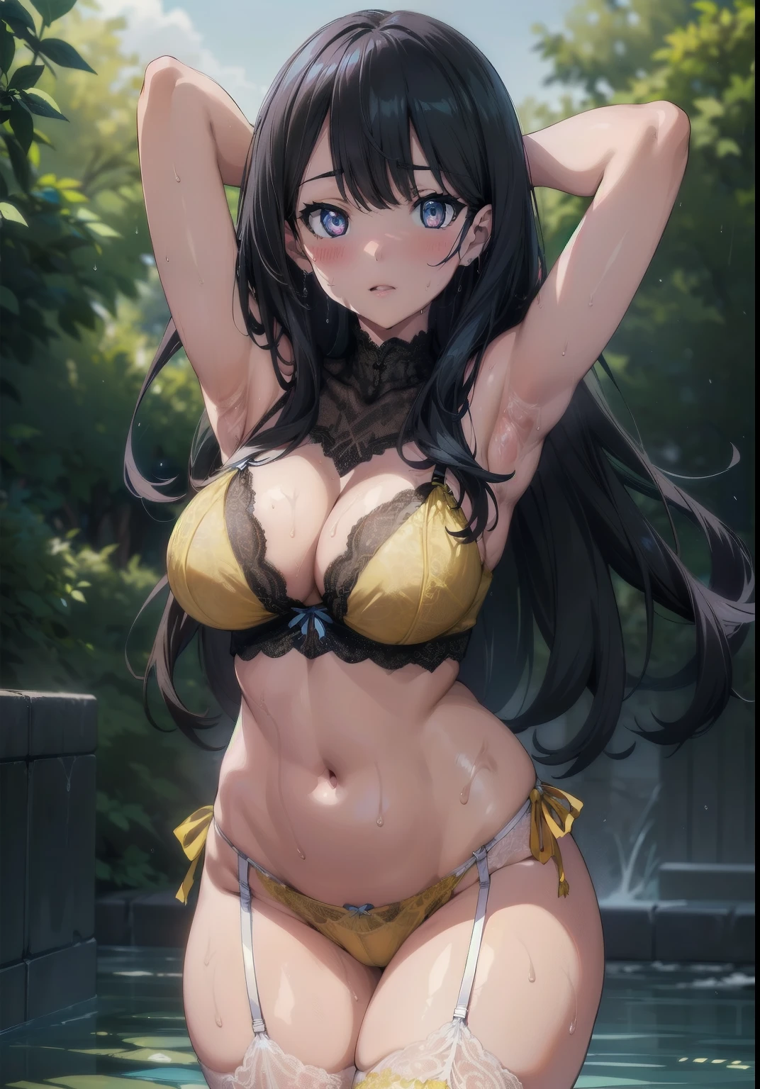 (masterpiece), (best quality), (ultra-detailed), (extremely detailed cg), (a extremely delicate), (perfect lighting), (8k), (dynamic angle), (sharp image), vibrant colors, female, masterpiece, best quality, depth of field, cinematic lighting, masterpiece, best quality, ultra-detailed, colorful, vibrant, large breasts, thighs, mature female, solo, (masterpiece, best quality, high resolution, animescreencap, anime colored,), (perfect anatomy, beautiful detailed eyes, beautiful detailed body, beautiful breast, shiny skin), the sexy anime girl wearing sexy lingerie,rikka takarada(SSSS. gridman), 1girl, medium hair, black hair, side bangs, blue eyes, medium breasts,thick thighs, ((sweaty body)) , ((wet skin)) ,very wet skin, shy expression, blushing, dynamic pose, arms behind head, show both armpits((sweaty armpits)), (yellow panties,lace trim,lingerie,lace trim legwear, yellow lace:1.5)