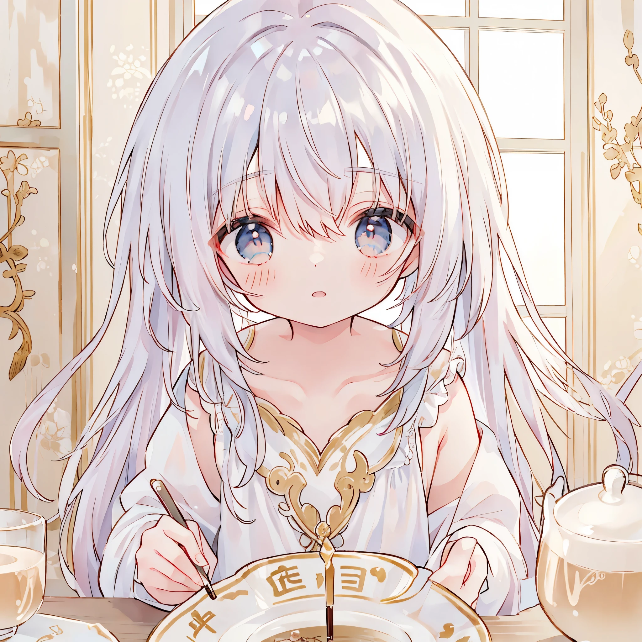 (table top、8k、masterpiece、highest quality)、((half up、))((1 person))、milk tea colored eyeilk tea colored hair、long hair、smooth hair、delicate eyes、((((Upper body))))、very cute、