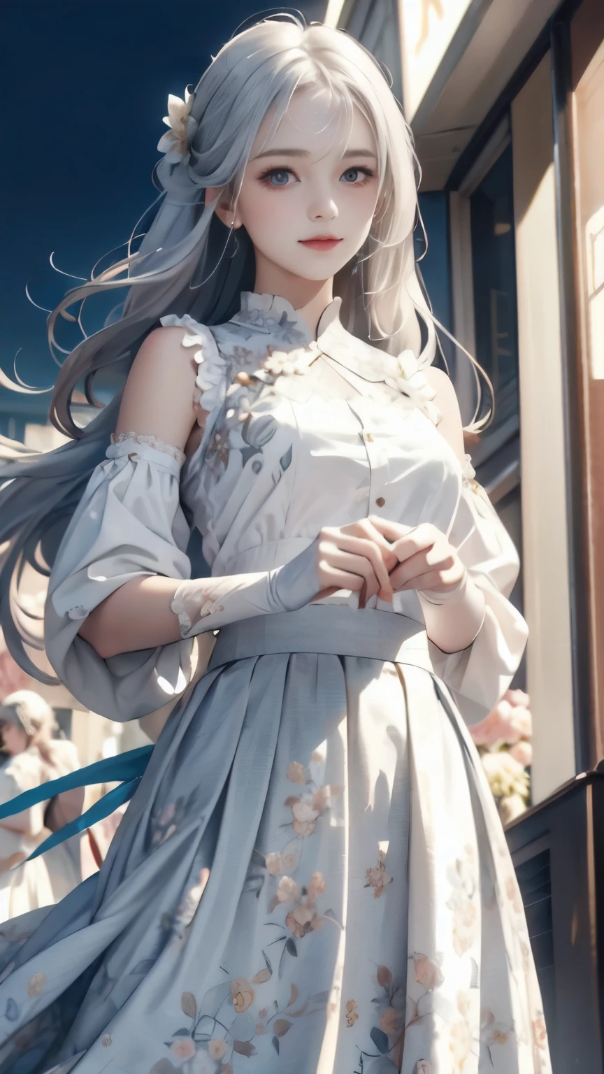 low angle,from below,((1girl, white blouse, flower printed elegant flair skirt)), ((masterpiece:1.4, best quality)), ((masterpiece, highest resolution)), (beautiful illustration),(semi long beautiful silver hair),silver hair, (flower printed elegant flair skirt), (looking at the viewer),
innocent smile, night,entertainment street, neon,cinematic lighting, Lace chalker, wristband, fingerless gloves, over-kneehighs,
Lace chalker, wristband, fingerless gloves,