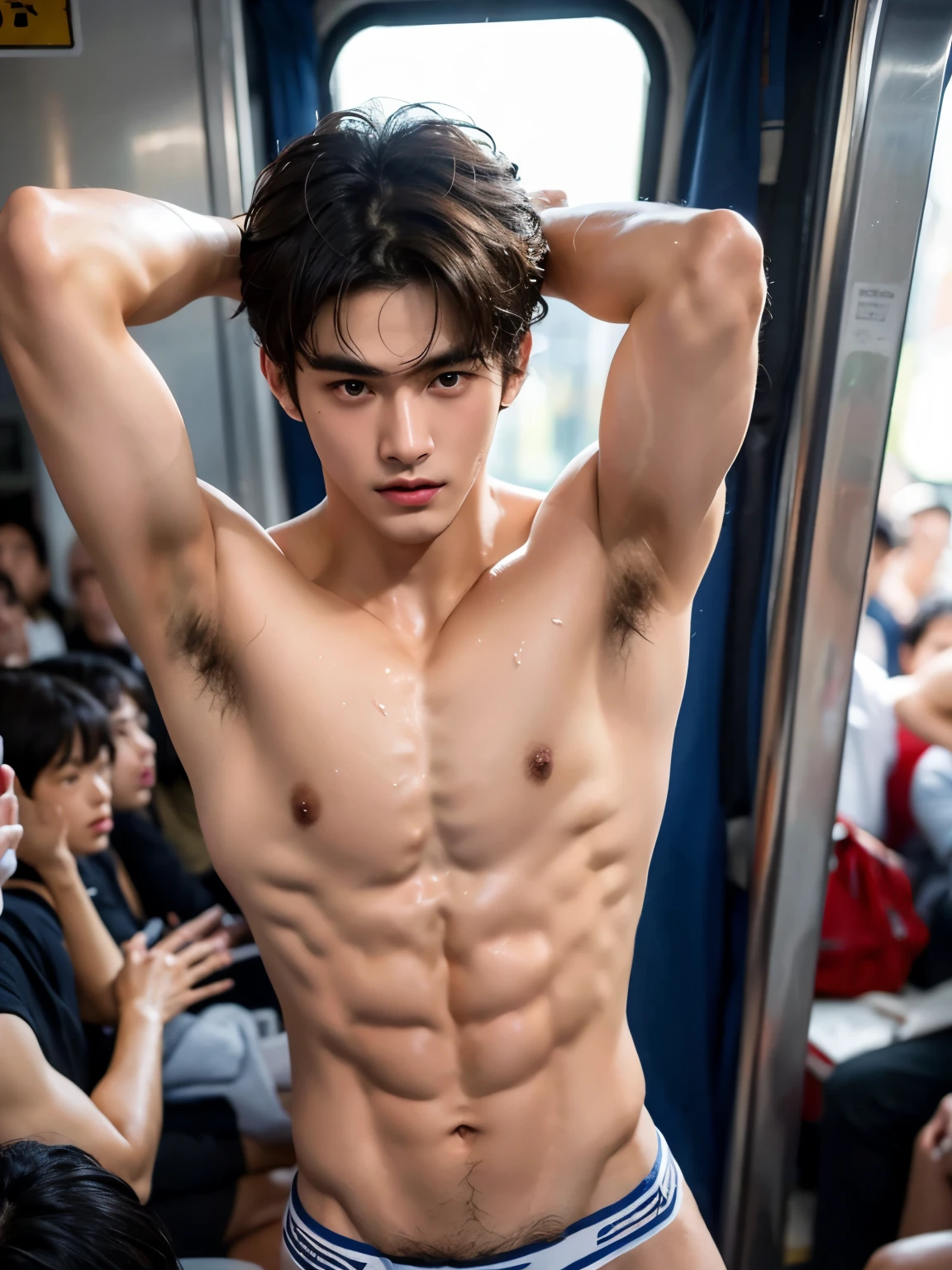 Showing off his sweaty hairy armpits, crowded train, Topless, shirtless,  boy, very young boy, Cinematic soft lighting illuminates a stunningly detailed and ultra-realistic handsome korean male supermodel, ultra messy curly hair, clear honey eyes, captivating perfect smile, sensual, hot man, insanely handsome, showing off his sweaty body, very sixpack muscular body build, slender, toned, full body, 8k, photography, masterpiece, detailed face, detailed eyes, detailed hands, in the crowded train, very bushy hairy armpits, only wearing very thin micro white thong with very big bulge, very wet body, very sweaty body, inside train background, inside train scenery, wearing thin white thong
