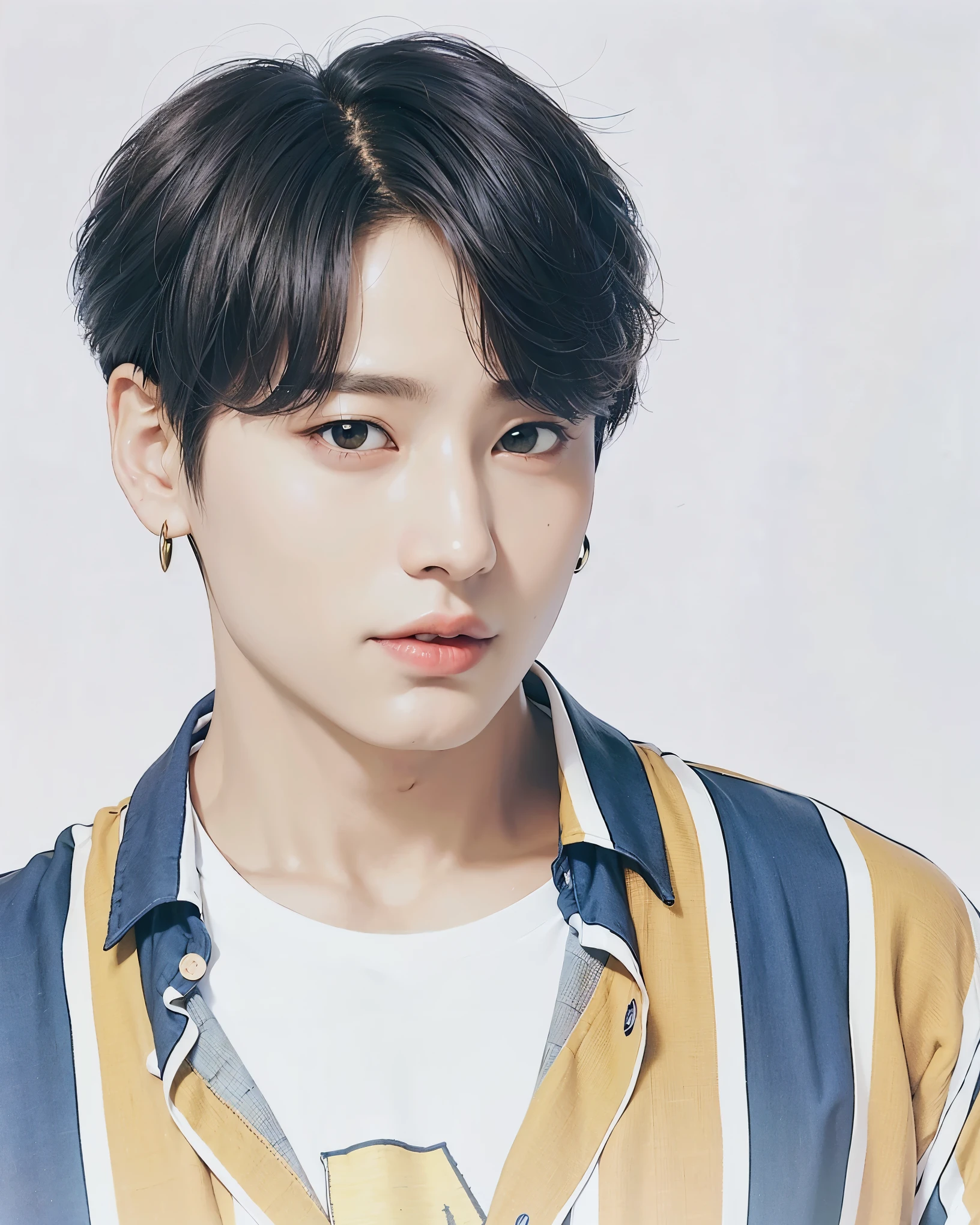 imagem arafada de um homem com uma camisa listrada e uma camisa branca, Jungkook, hyung tae, cabelo preto