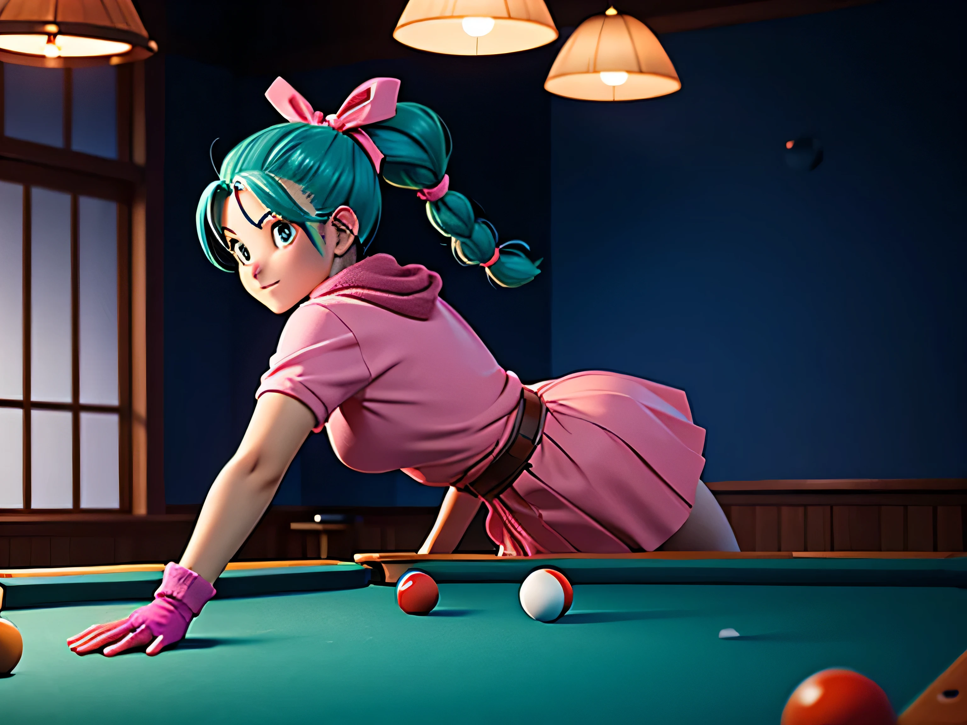 masterpiece, best quality, high resolution, dragon ball, blmpony, aqua hair, hair ribbon, braided ponytail, pink shirt, belt, scarf, pink skirt, clothes writing, brown gloves, medium breasts, in back pose, playing pool table, leaning on the pool table with her butt up high showing her ass