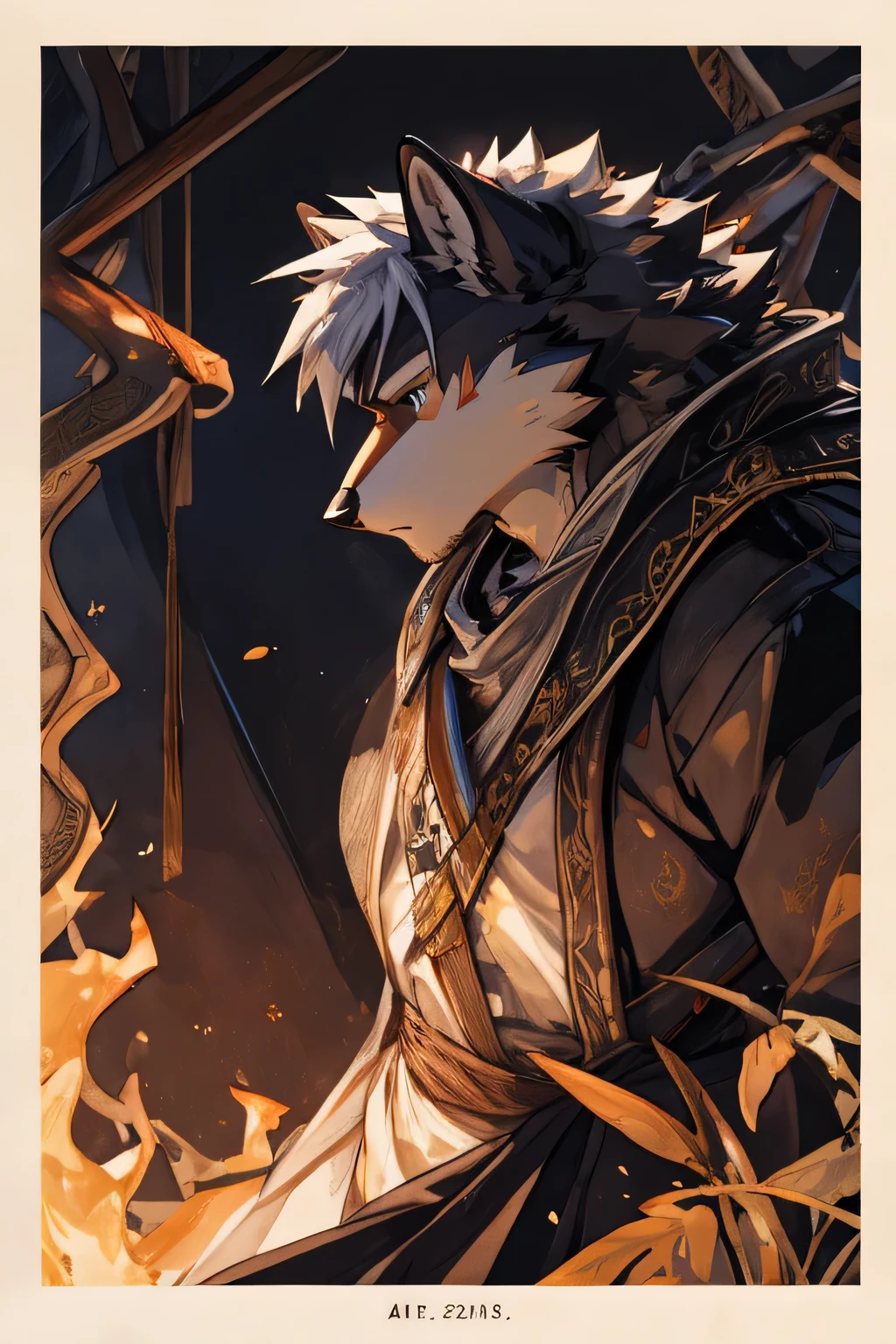 watercolor,Ukiyo-e art,etching,golden hour lights,natural lighting,etching,Kyoto Manga,male,hairy,gray wolf,white hair,black eyes,golden pupils,Strong body,face close-up,whole body,expect,octave render,High purity shades,high detail,high quality,contour,Bundle hair,knight