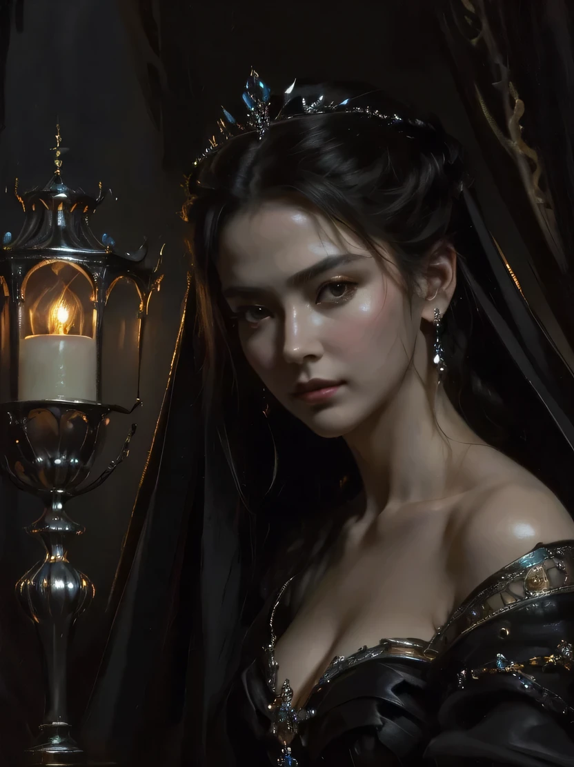 ((masterpiece、highest quality、Super detailed、High resolution、sharp focus、cinematic lighting))、(1 female、bust shot、face light))、Adult woman in her 40s、A stunning portrait of the exiled queen、persephone queen of the dead、lilith、black tone、Mysterious horror、gothic、darkness、pitch black darkness、nothingness、black ghost、immortal soul、Strict atmosphere、majestic atmosphere、There is elegance、dignity、solemnity、Bewitching、jewelry/accessories、ruthless queen of the night、Oil、view audience、masterpiece