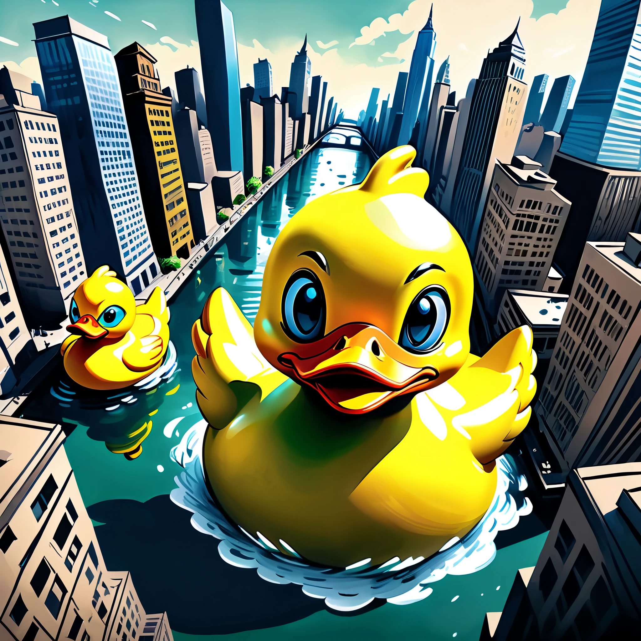 Kaiju style massive towering enormous adorable dilated eyes yellow rubber duck, (joelle jones style expressive ink lines, precise ink strokes), intense depth heights scale, vertigo, massive sense of heights scale, Rubber Duck with sense of energy and movement traveling through busy metropolis, towering over the high rise buildings, hundreds of feet tall, unified coloring, rich color grading for shading depth, foreshortening, cross hatching
