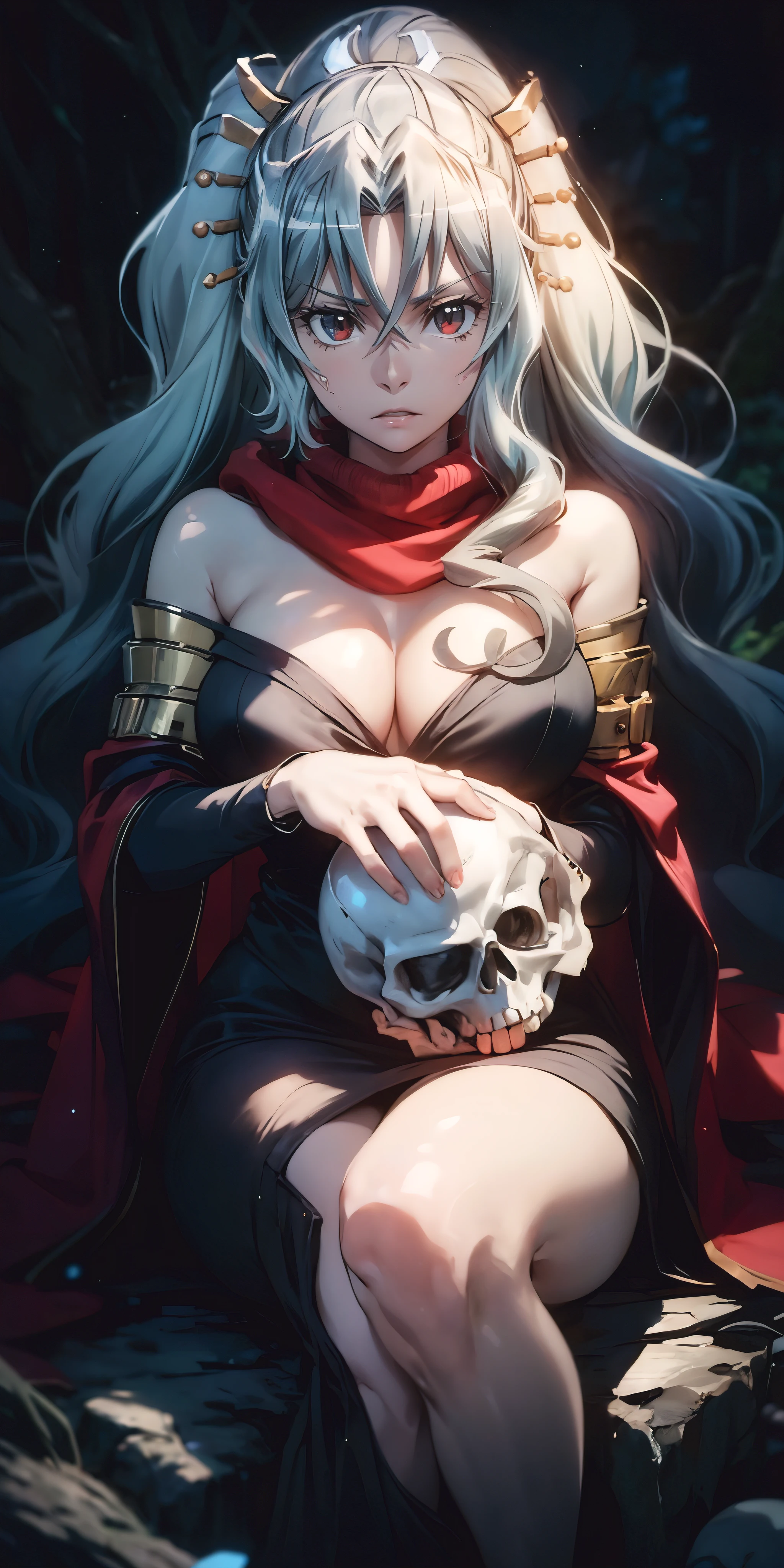 tomoe, aqua hair, long hair, ponytail, red scarf, hair between eyes, curvy, huge breasts, anatomically correct, holding skeleton, 1girl, skull, long_hair, solo, black_dress, cape, earrings,  looking_at_viewer, jewelry, dress, red_eyes, sitting, bangs, two_side_up, spine, holding, blood, bow, very_long_hair, (shaded face:1.2), hollow eyes, red eyes, looking at viewer, smirk, upper teeth, glowing eyes, sweating, wet, "glow effects, godrays, Hand drawn, render, 8k, octane render, cinema 4d, blender, dark, atmospheric 4k ultra detailed, cinematic, Sharp focus, big depth of field, Masterpiece, colors, 3d octane render, 4k, concept art, trending on artstation, hyperrealistic, Vivid colors, extremely detailed CG unity 8k wallpaper, trending on CGSociety, Intricate, High Detail, dramatic"