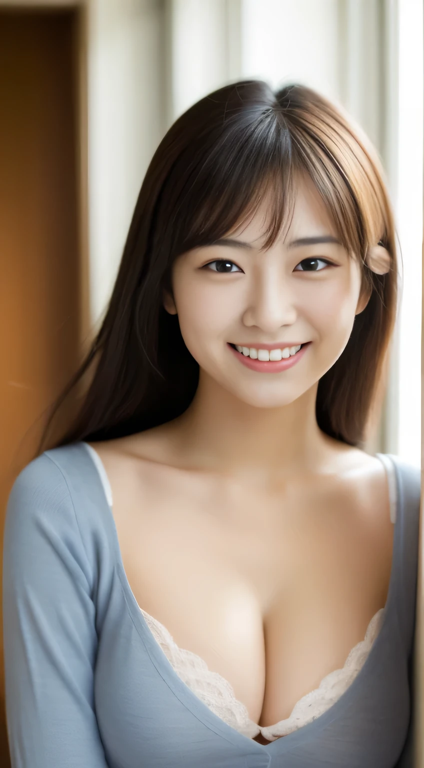 masterpiece,best quality,(Japanese ),((Beautiful girl)),cleavage,indoor,(perfect body beauty:1.2),(shy smile),beautiful teeth,