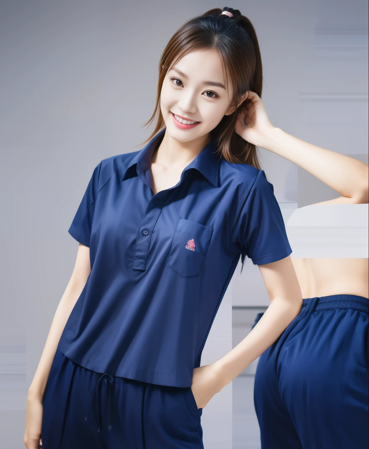 (best quality,10,10,height,Masterpiece:1.2),Special details,(realistic,ภาพrealistic,Realistic photos:1.37),1 Cute girl in the kitchen,shiny, ผิวshiny,only,smile softly,BDclothelue shirt:1.3)),short sleeve,shirt, กางเกงขาlong.,(navy_long_track pants:1.1), ((Kitchen Background)),Dynamic angle,excited,Face focus,dynamic poses,from behind,focus on ass,Masterpiece, best quality, ultra realistic, hyper-detail, 8K resolution, raw photos, Sharp focus, ((Navy blue shirt:1.1)), short sleeve, เส้นทางlong, perfect body, 2 mature women, 18 years old, Cinema-grade lighting system,blue sweatpants,shirtผ้าออกกำลังกาย,correct ???????,perfect body, correct body, Sharp face, correct bodyทางกายวิภาค, full body, realistic gestures, long-haired, realistic poses,Wear long shorts...........................,ช่วงขาlong,Good shape,carved girl, Slender figure, model, Good shape, beautiful body,blue sweatpants, two girls kissing