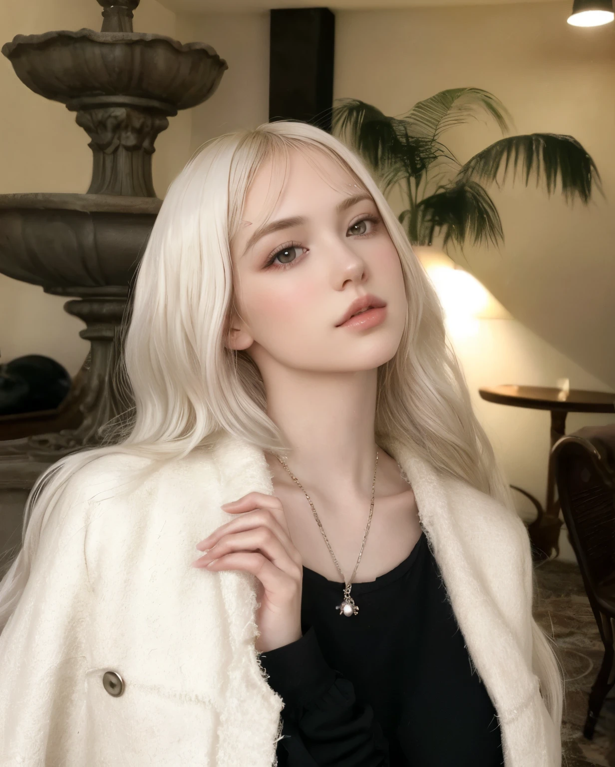 Mujer araffe con cabello largo y rubio y un top negro posando para una foto., pelo largo y blanco y flequillo, extremely pale blonde hair, con el pelo largo y blanco, con pelo largo y blanco, very very pale blonde hair, peinado de corte hime blanco, retrato de kim petras, flequillo blanco, cabello con flequillo blanco, chica perfecta de pelo blanco, pale porcelain white skin