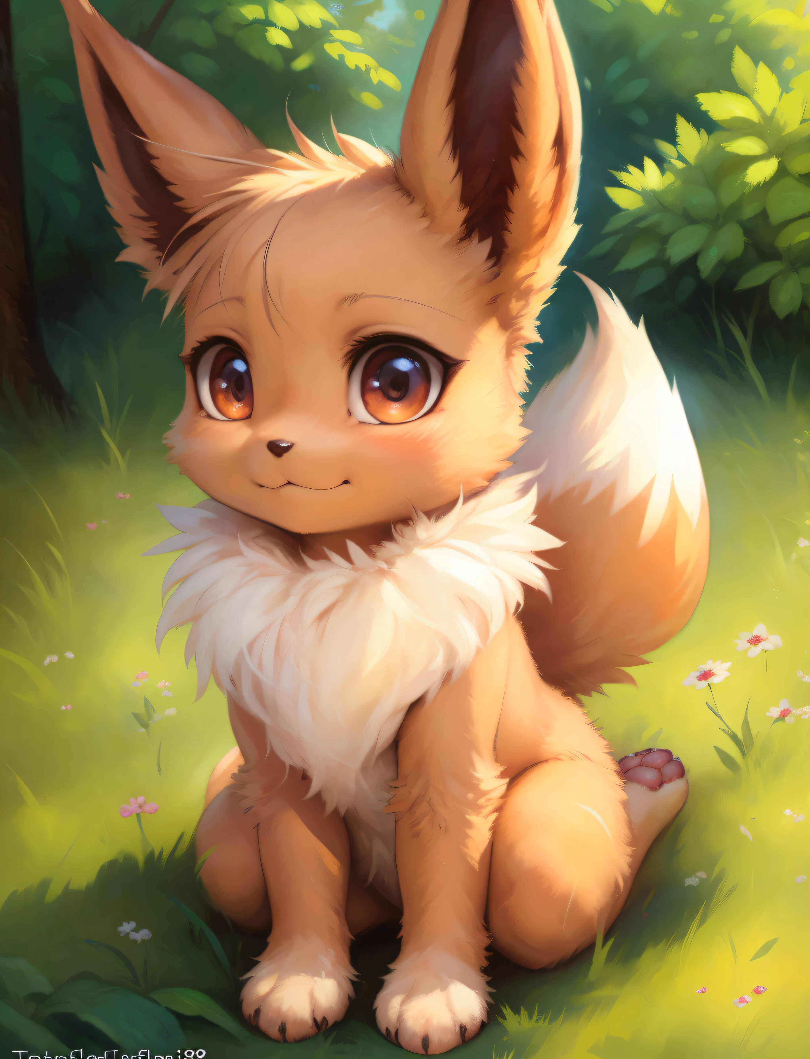 by Kenket, by totesfleisch8, (by The Big Slick, by silverfox5213:0.8), (by Shuro:0.2), Pokemon, Eevee, fluffy girl, furry girl, woman, she has a big pretty ribbon in her hair, I have an animal's foot in my hand, 1 girl, highest quality, outdoors, High resolution, cute,