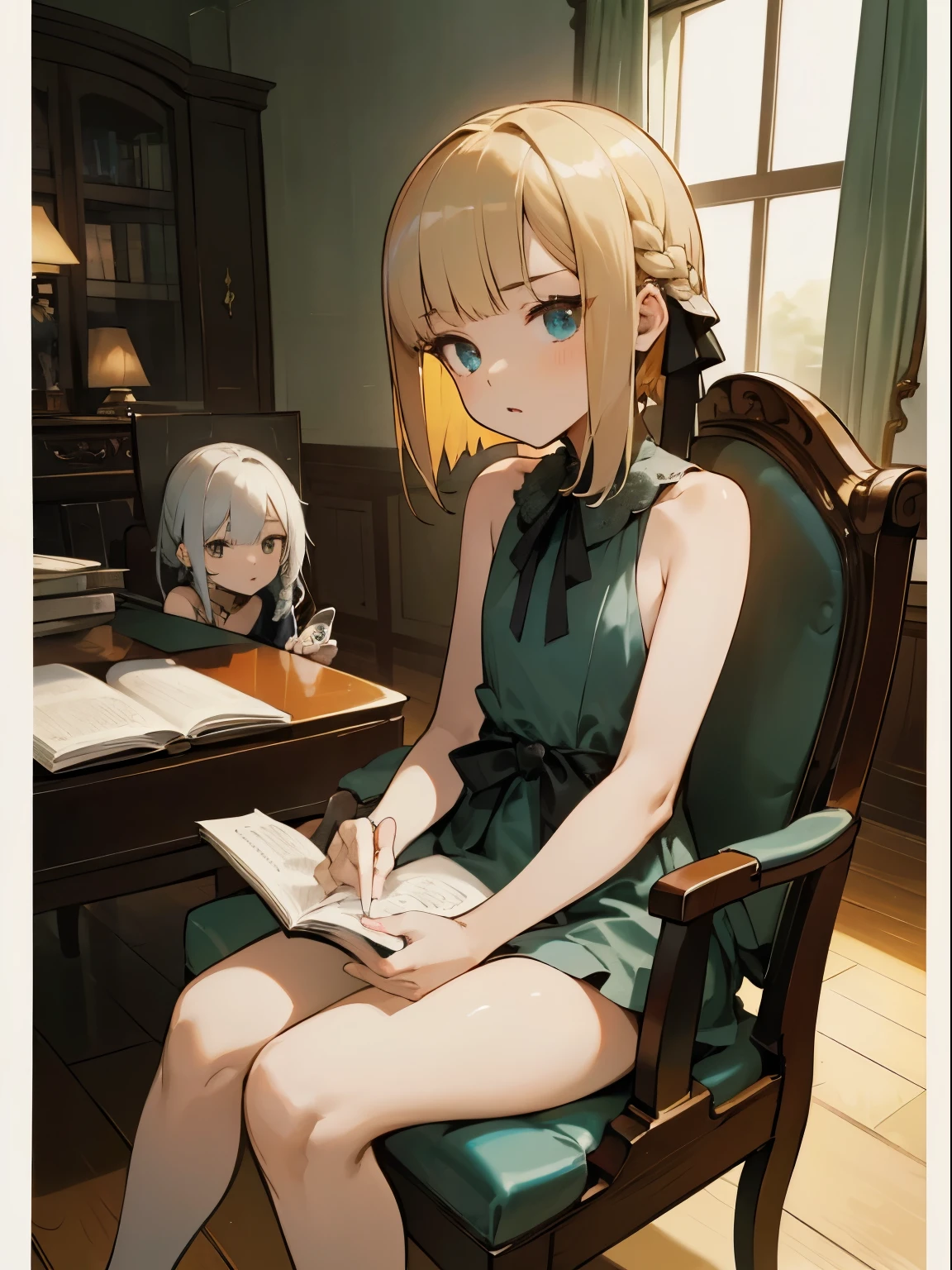 Reines, 1girl, high quality, best quality, illustration, masterpiece, (highly detailed:1.2), (extremely detailed:1.3), pajamas, sleeveless, backless, young girl, string ribbon, shorts, braid, , , arm on desk, sitting on chair, in a house, flat chest, (children:1.2), children reading a book, short hair, bob hairstyle