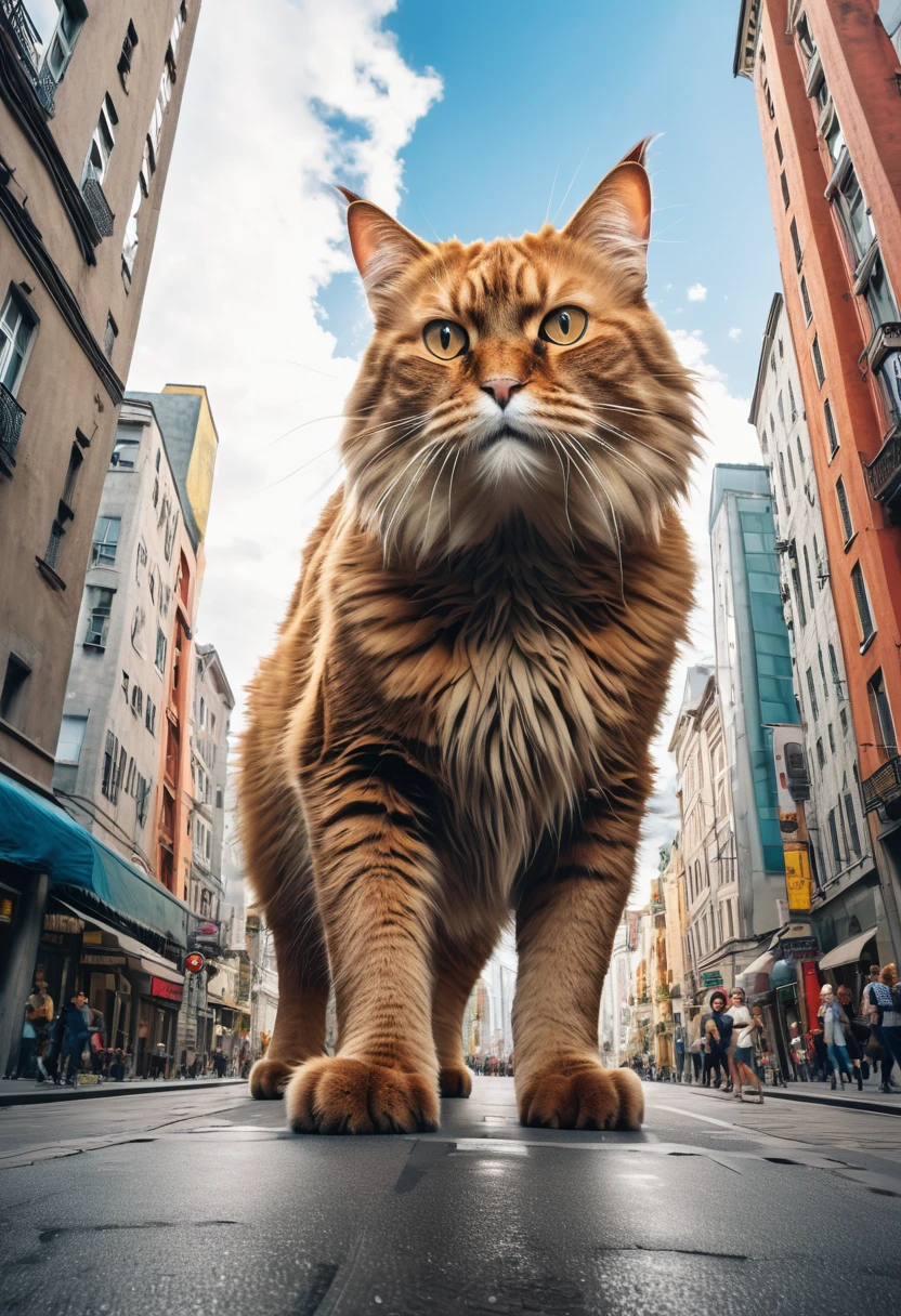 masterpiece, ((monster cat)), giant cat on a city walking casually, ((giant)), from below, cityscape