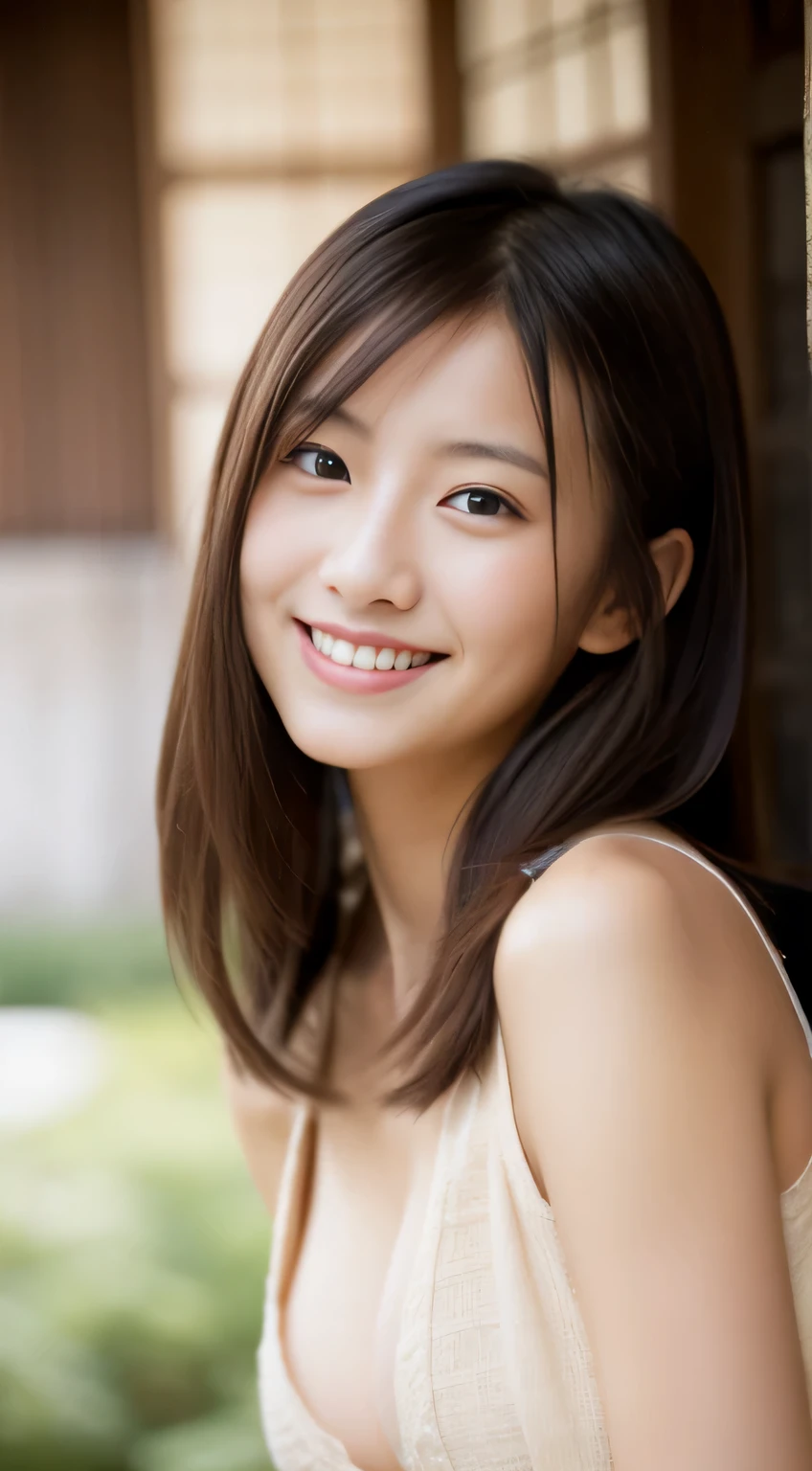 masterpiece,best quality,(Japanese ),((Beautiful girl)),cleavage,indoor,(perfect body beauty:1.2),(shy smile),beautiful teeth,