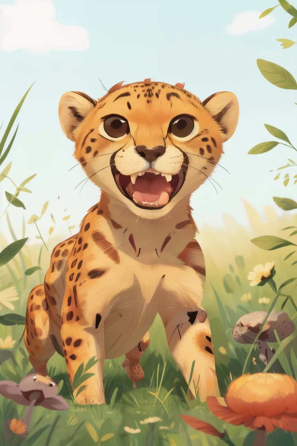 （A cheetah），in a meadow，Single，Open your mouth wide, as if you want to bite the other person，The fierce gaze is frightening，ultra high definition，illustration，children&#39;s picture books，children&#39;s books