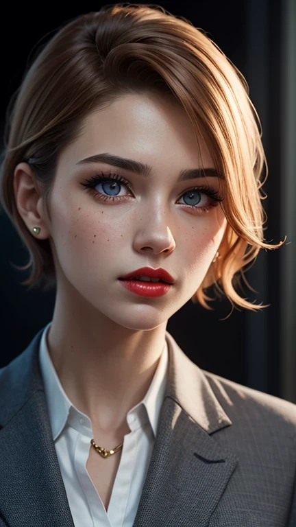 ((best quality: 1.5)) ((masterpiece: 0.8)), intricate details, sharp focus, professional, real life, realistic representation of the face, dim volumetric lighting, dynamic pose, in the style of realistic and hyper detailed renderings BREAK ((((detailed woman, ((blackout gothic eye makeup, business suit, modest, portrait, red lips, chin up, playful, muscular))), golden hour, ((short undercut hair, [ginger hair:blonde hair:0.2]), [flat chest:medium breasts:0.4], clear blue eyes))), freckles: 0.6), photorealistic, hyper-realistic, 8K