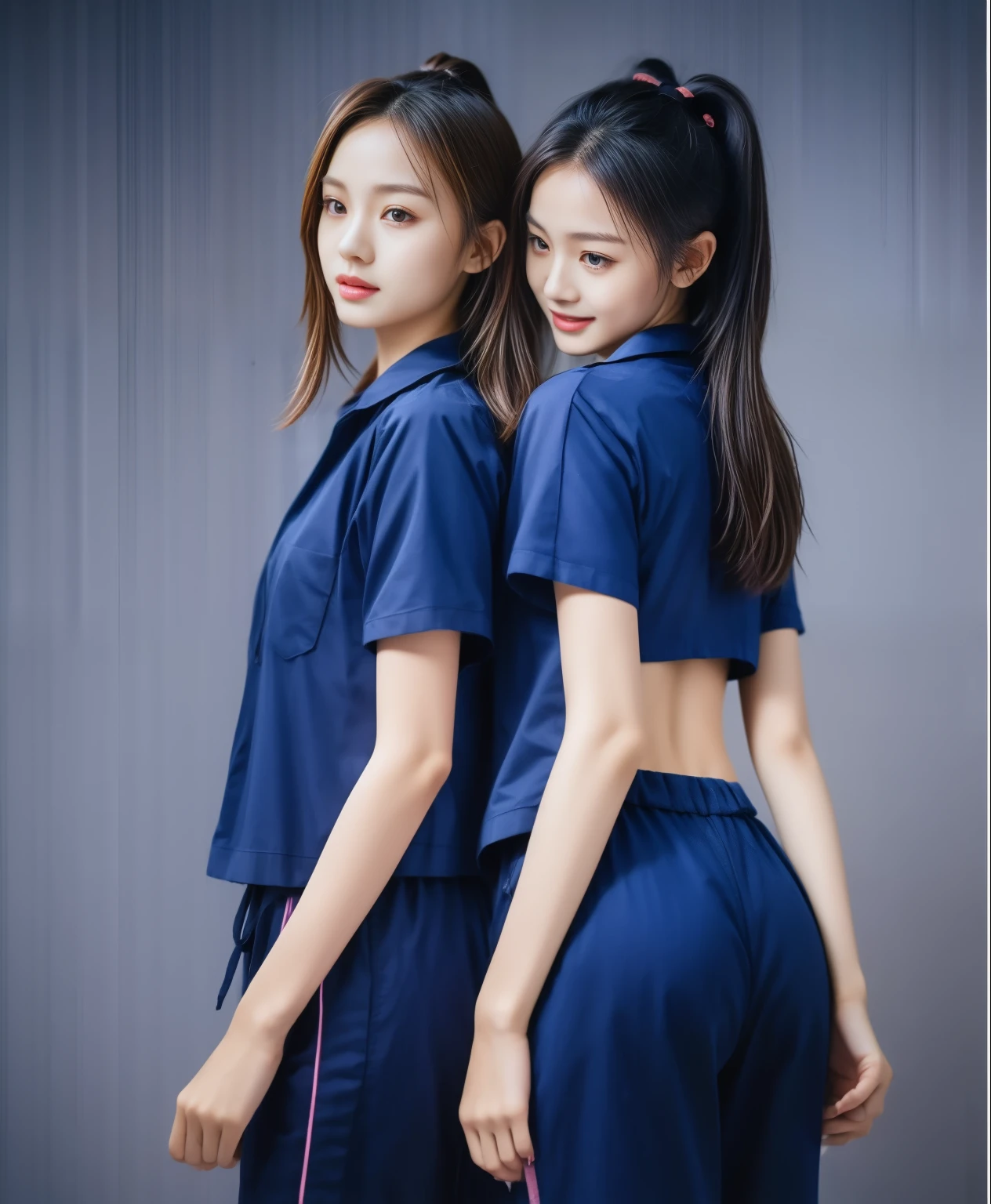 (best quality,10,10,height,Masterpiece:1.2),Special details,(realistic,ภาพrealistic,Realistic photos:1.37),1 Cute girl in the kitchen,shiny, ผิวshiny,only,smile softly,BDclothelue shirt:1.3)),short sleeve,shirt, กางเกงขาlong.,(navy_long_track pants:1.1), ((Kitchen Background)),Dynamic angle,excited,Face focus,dynamic poses,from behind,focus on ass,Masterpiece, best quality, ultra realistic, hyper-detail, 8K resolution, raw photos, Sharp focus, ((Navy blue shirt:1.1)), short sleeve, เส้นทางlong, perfect body, 2 mature women, 18 years old, Cinema-grade lighting system,blue sweatpants,shirtผ้าออกกำลังกาย,correct anatomy,perfect body, correct body, Sharp face, correct bodyทางกายวิภาค, full body, realistic gestures, long-haired, realistic poses,Wear long shorts...........................,ช่วงขาlong,Good shape,carved girl, Slender figure, model, Good shape, beautiful body,blue sweatpants, two girls kissing