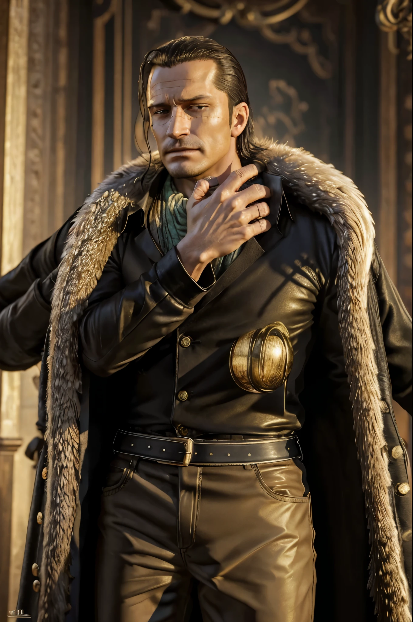 masterpiece, best quality, extremely detailed, hyperrealistic, photorealistic, a cool 40s man, ultra detailed face:1.1, fur-trimmed coat, scarf around the neck, his left hand is a golden pirate hook:1.1, reaching out a hand in here:1.3
