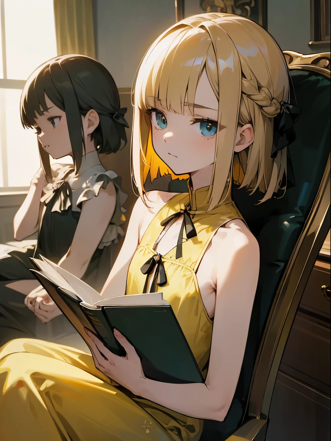 Reines, 1girl, high quality, best quality, illustration, masterpiece, (highly detailed:1.2), (extremely detailed:1.3), pajamas, sleeveless, backless, young girl, string ribbon, bare shoulders, braid, , , sitting on chair, in a house, flat chest, (children:1.2), children reading a book, short hair, selfie