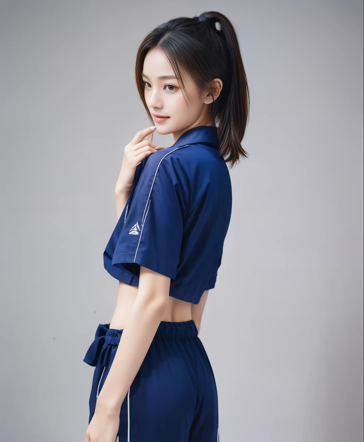 (best quality,10,10,height,Masterpiece:1.2),Special details,(realistic,ภาพrealistic,Realistic photos:1.37),1 Cute girl in the kitchen,shiny, ผิวshiny,only,smile softly,BDclothelue shirt:1.3)),short sleeve,shirt, กางเกงขาlong.,(navy_long_track pants:1.1), ((Kitchen Background)),Dynamic angle,excited,Face focus,dynamic poses,from behind,focus on ass,Masterpiece, best quality, ultra realistic, hyper-detail, 8K resolution, raw photos, Sharp focus, ((Navy blue shirt:1.1)), short sleeve, เส้นทางlong, perfect body, 2 mature women, 18 years old, Cinema-grade lighting system,blue sweatpants,shirtผ้าออกกำลังกาย,correct ???????,perfect body, correct body, Sharp face, correct bodyทางกายวิภาค, full body, realistic gestures, long-haired, realistic poses,Wear long shorts...........................,ช่วงขาlong,Good shape,carved girl, Slender figure, model, Good shape, beautiful body,blue sweatpants, two girls kissing
