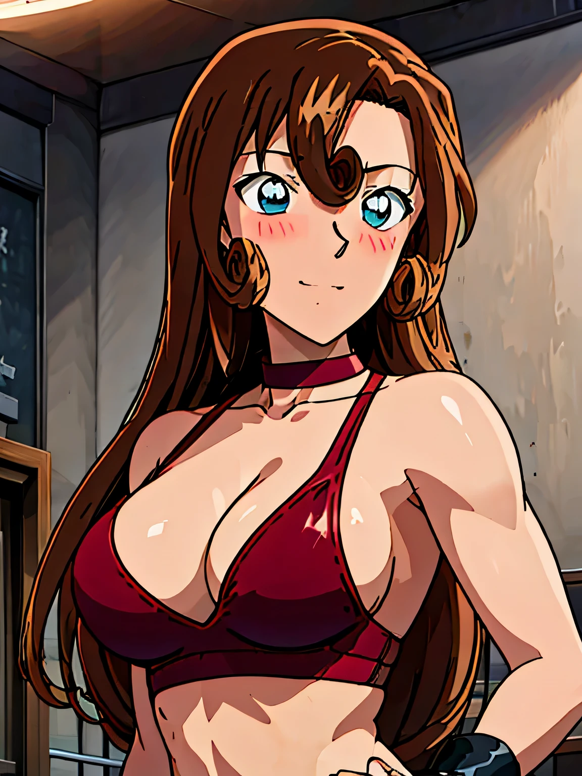front view, cowboy shot, ultra detailed face, best quality, anime style, hires, highest definition, digital blending, bold drawing lines, ((weak body, female wrestler), (slender body), mature woman, milf, (wrestling gear, collar band), victorious, gorgeous, winner, not blushing, confident face, (closed mouth), (pale skin, shiny skin, lighting and shadow), (cleavage), (clean face), (warming up), closed fists, (brown, curly hair, long hair, curly bangs), 37 years old,