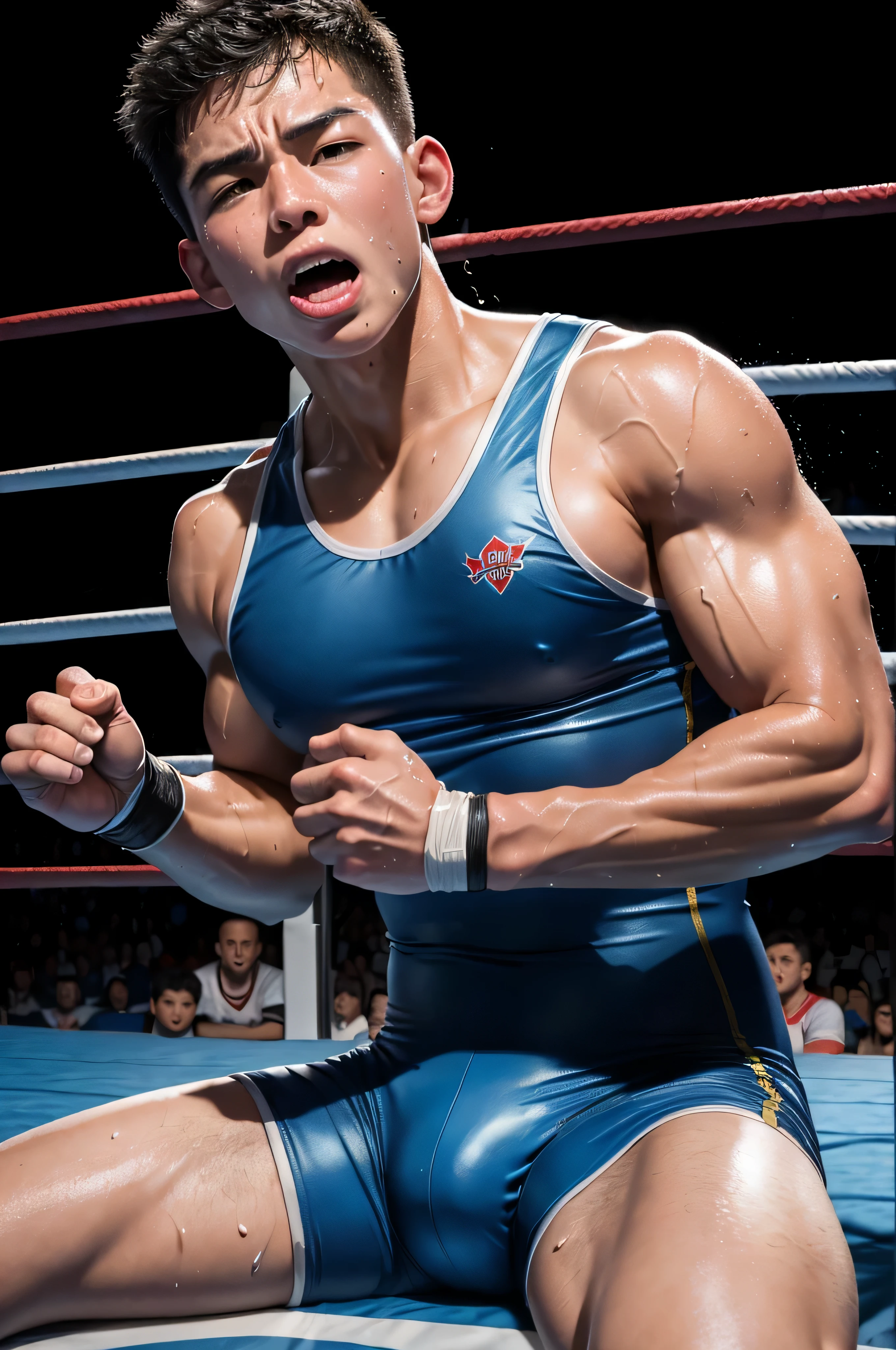 (8k, RAW photo, highest quality, table top:1.2), (realistic, Photoreal:1.37),(young boy), (alone),detailed face, elevation angle,(ejaculate)、
,Wearing a wrestling uniform,look away,sporty,wet skin,Sweat,wrestling venue