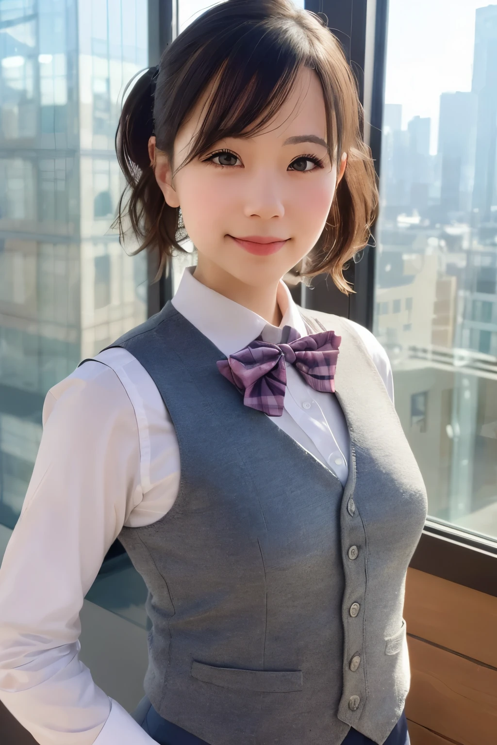 1girl, matured female, vest, bow, photo, realistic, best quality, hires, detailed face, office, buildings from window, detailed background, diffused sunlight, depth of field, bokeh and tied up