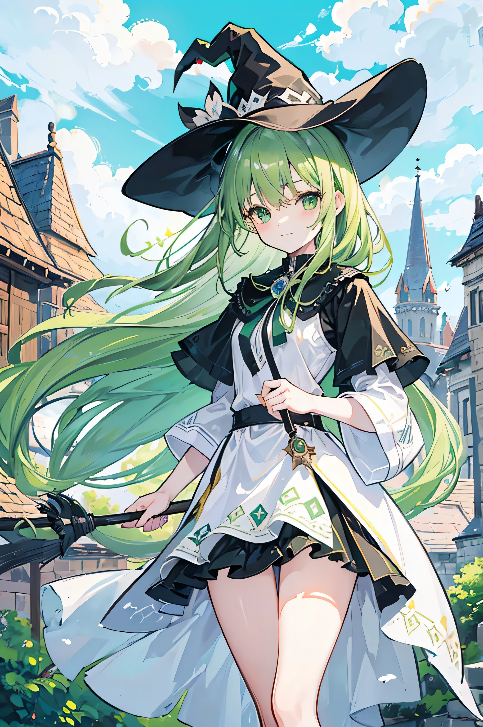 Long light green hair,girl,green eyes,,small,(faint smile:3),Wearing a big black magic hat,birds in the wind,Ride a magic broomstick,Fly in the air,clear blue sky,Baiyun,several castles,(many magpies:3)