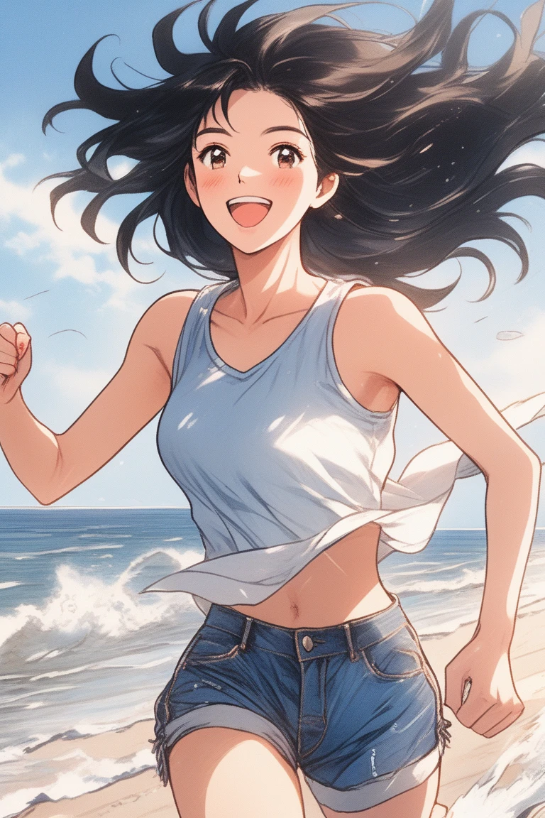 Illustrator, animation , realistic ,sketch , A woman wearing a sleeveless t-shirt and denim shorts running on the beach, black hair, hair band, short wavy hair, slipper, hair blowing in the wind, beautiful face, summer breeze, Warm sunshine, water sports, cool breeze, beach scenery, happy, high quality, High quality, delicate, retouch, (masterpiece,best quality)