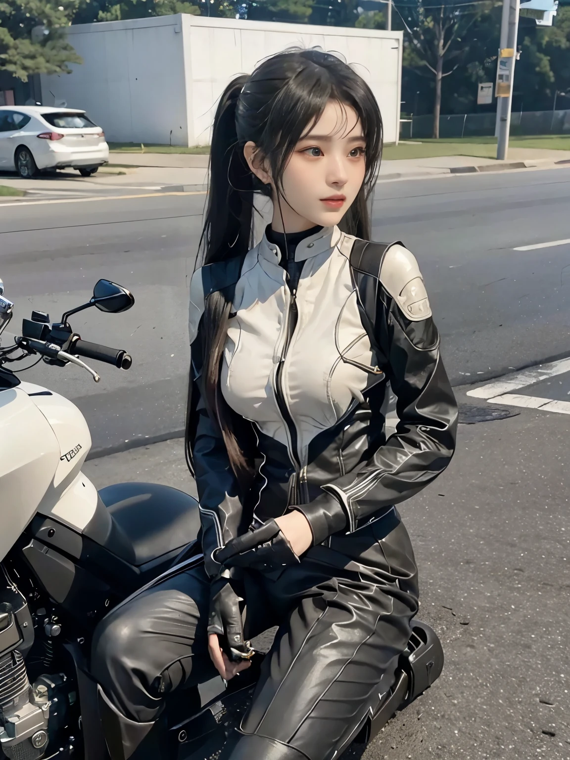  (realistic:1.5), 8k, Super delicate beauty, 1 girl, Complex motorcycle details, (short: 1.3), (highest quality: 1.0), (Super high sharpness: 1.0),（Beautiful and delicate depiction of eyes）,unreal engine:1.4, photorealistic:1.4, skin texture:1.4, masterpiece:1.8,highest quality、smile、long limbs、(((riding a motorcycle)))、(((rider suit and long pants)))、(((twin tail hair)))