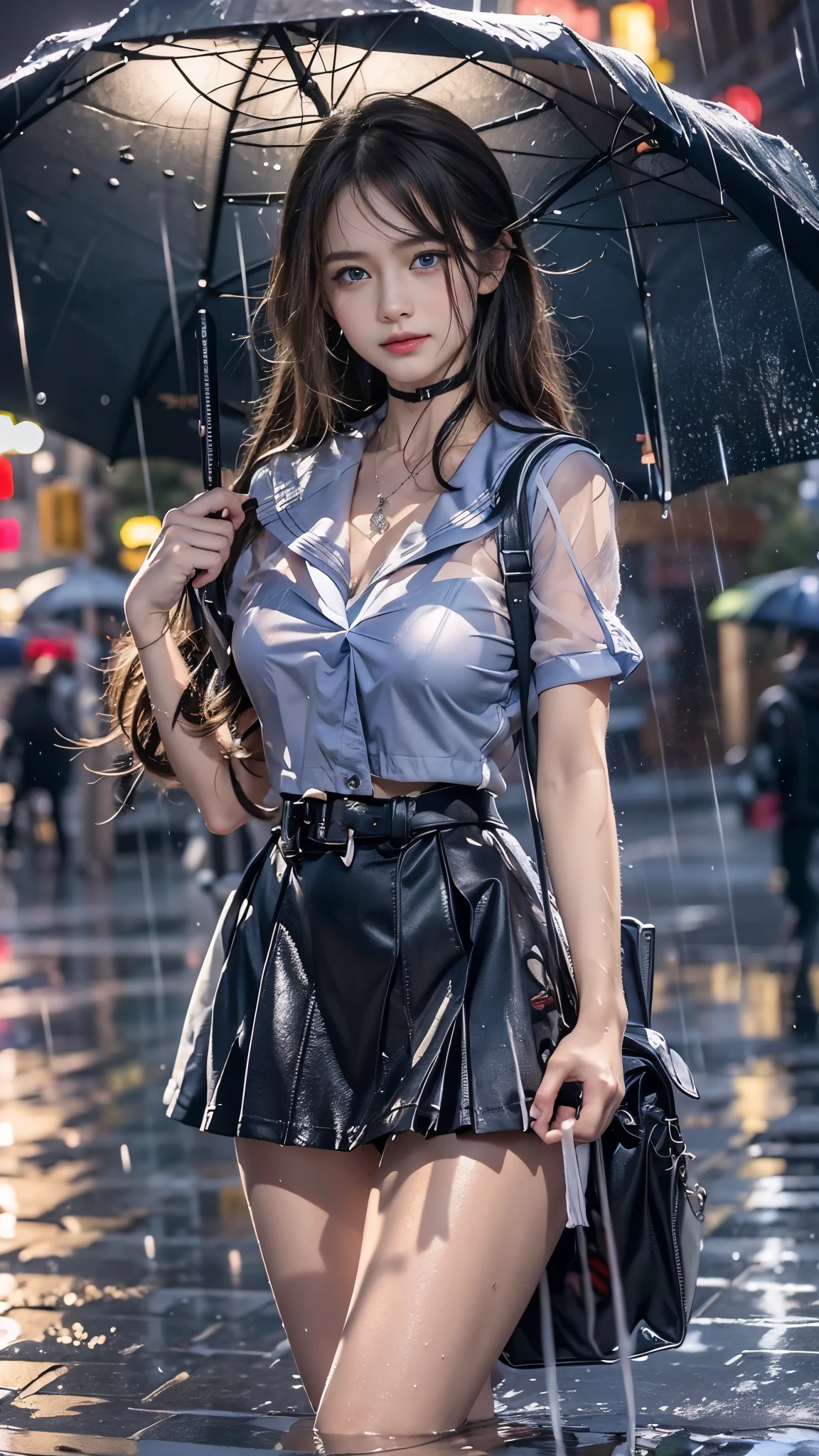 (RAW shooting, Photoreal:1.5, 8k, highest quality, masterpiece, ultra high resolution), perfect dynamic composition:1.2, street corner at night, look up at the sky, (((Typhoon heavy rain))), Highly detailed skin and facial textures:1.2, Slim high school girl wet in the rain:1.3, sexy beauty:1.1, perfect style:1.2, beautiful and aesthetic:1.1, Fair skin, very beautiful face, (water droplets on the skin, rain drips all over my body:1.2, wet hair:1.4, wet uniform:1.2), (Medium chest, transparent bra, Chest gap), (embarrassing smile, The expression on your face when you feel intense caress, Facial expression when feeling pleasure), (beautiful blue eyes, Eyes that feel beautiful eros:0.8), (Too erotic:0.9, Bewitching:0.9), cowboy shot, student bag