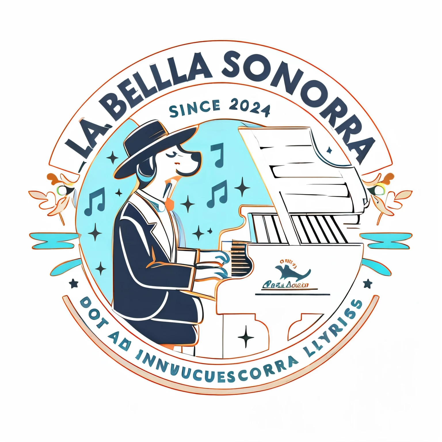 A logo for a pianist whose stage name is "La bella sonora", who wants to take as inspiration a dog who likes montunos. where to highlight the name, que diga "since 2024" y "by perro montuno", y la frase "why make art in a world on fire?" con un estilo minimalista y con los colores #E3F2DF #595519 #F2D0A7 #D9962 #0D0D0D, MINIMALISTA