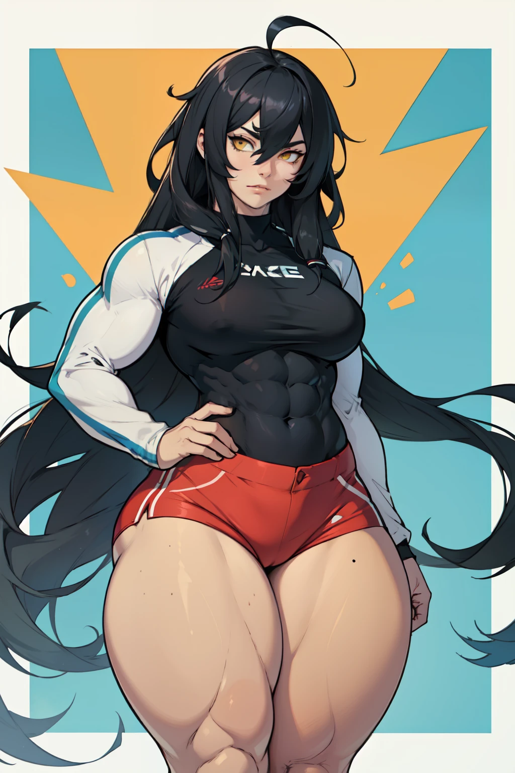 girl ((((muscular 1girl)))) ((((thick thighs toned body)))) (pale skin) black hair yellow eyes very long hair long sleeve tight t-shirt tight pants (ahoge straight hair)