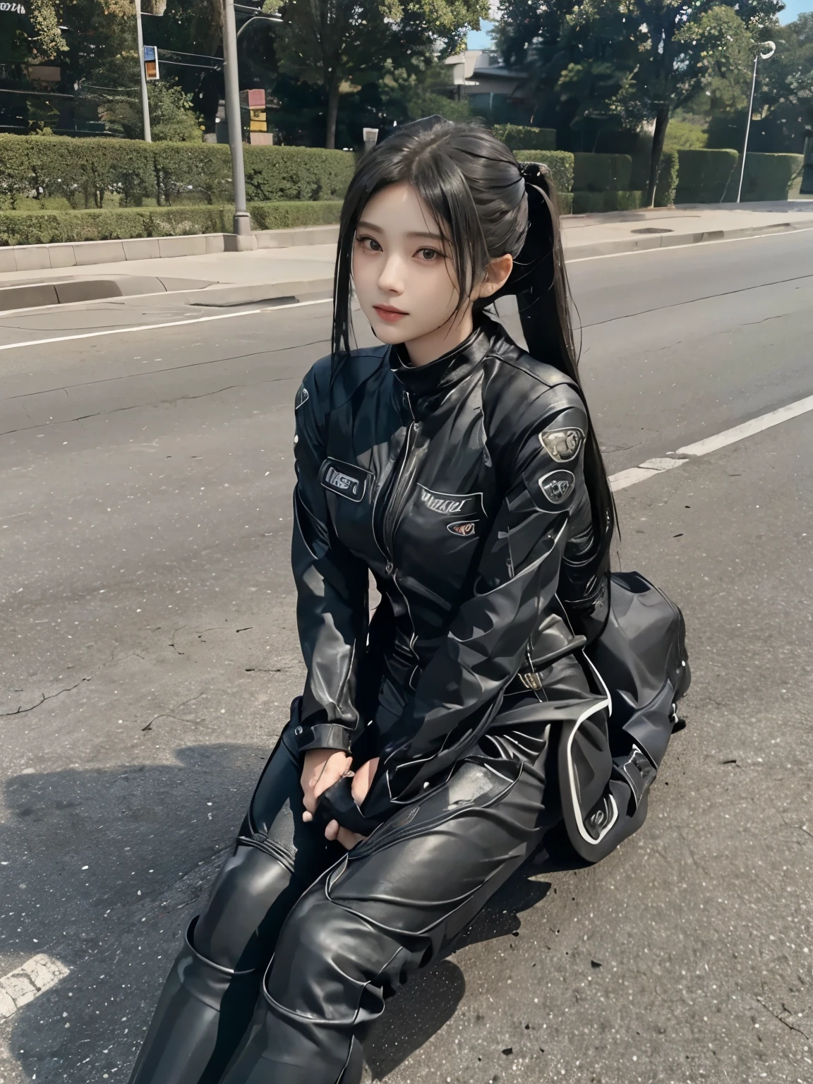  (realistic:1.5), 8k, Super delicate beauty, 1 girl, Complex motorcycle details, (short: 1.3), (highest quality: 1.0), (Super high sharpness: 1.0),（Beautiful and delicate depiction of eyes）,unreal engine:1.4, photorealistic:1.4, skin texture:1.4, masterpiece:1.8,highest quality、smile、long limbs、(((riding a motorcycle)))、(((black rider suit and long pants)))、(((twin tail hair)))