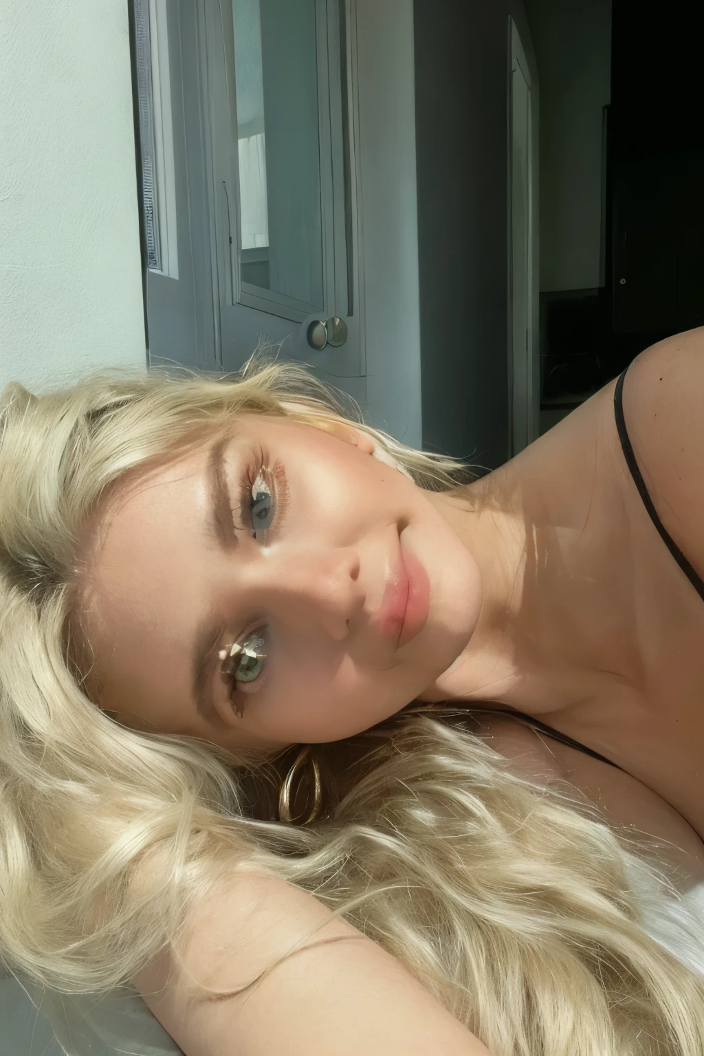 Mujer rubia con el pelo largo acostada en la cama con sujetador negro, cara sexy, diosa rubia, acostado, modelo de instagram, una chica con cabello rubio, hermosa chica rubia, sonrisa sensual, acostada sobre su espalda, una hermosa rubia, mirada sexy, cara como ester exposito, imagen filtrada, she is acostada sobre su espalda, rostro perfectamente iluminado