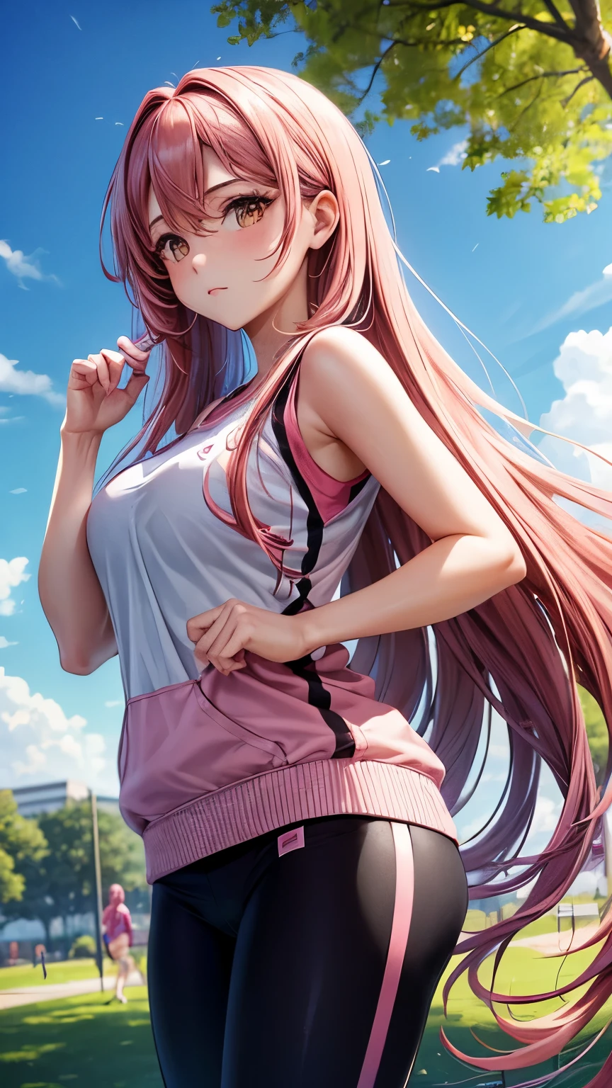 A woman with long pink hair standing in a park - SeaArt AI